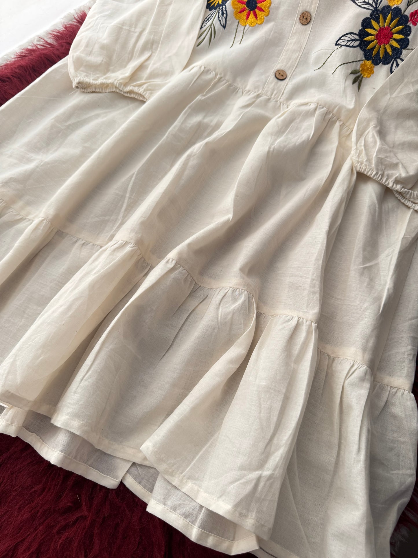 Off White Floral Thread Embroidered Tunic Top for Women | Tiered A-Line Short Kurti | Casual Office Wear