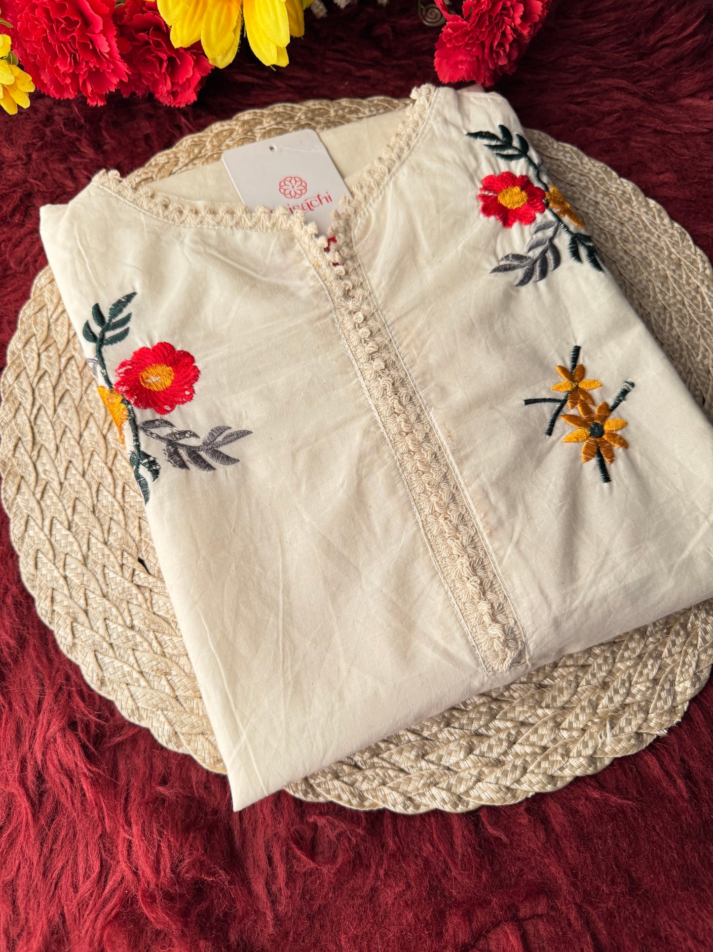 Off White Floral Thread Embroidered A-Line Kurti for Women | Casual & Office Wear Ethnic Kurta