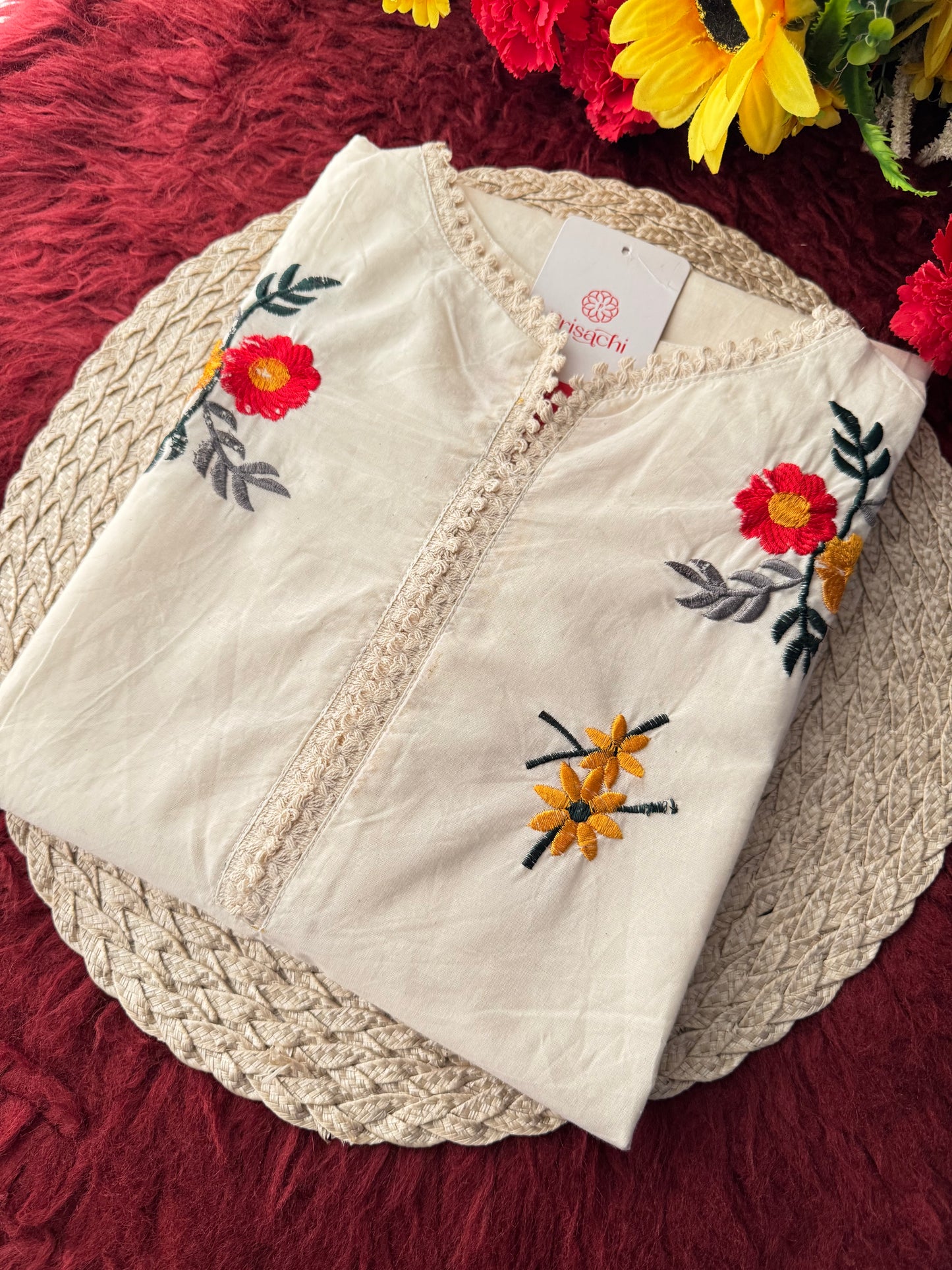 Off White Floral Thread Embroidered A-Line Kurti for Women | Casual & Office Wear Ethnic Kurta