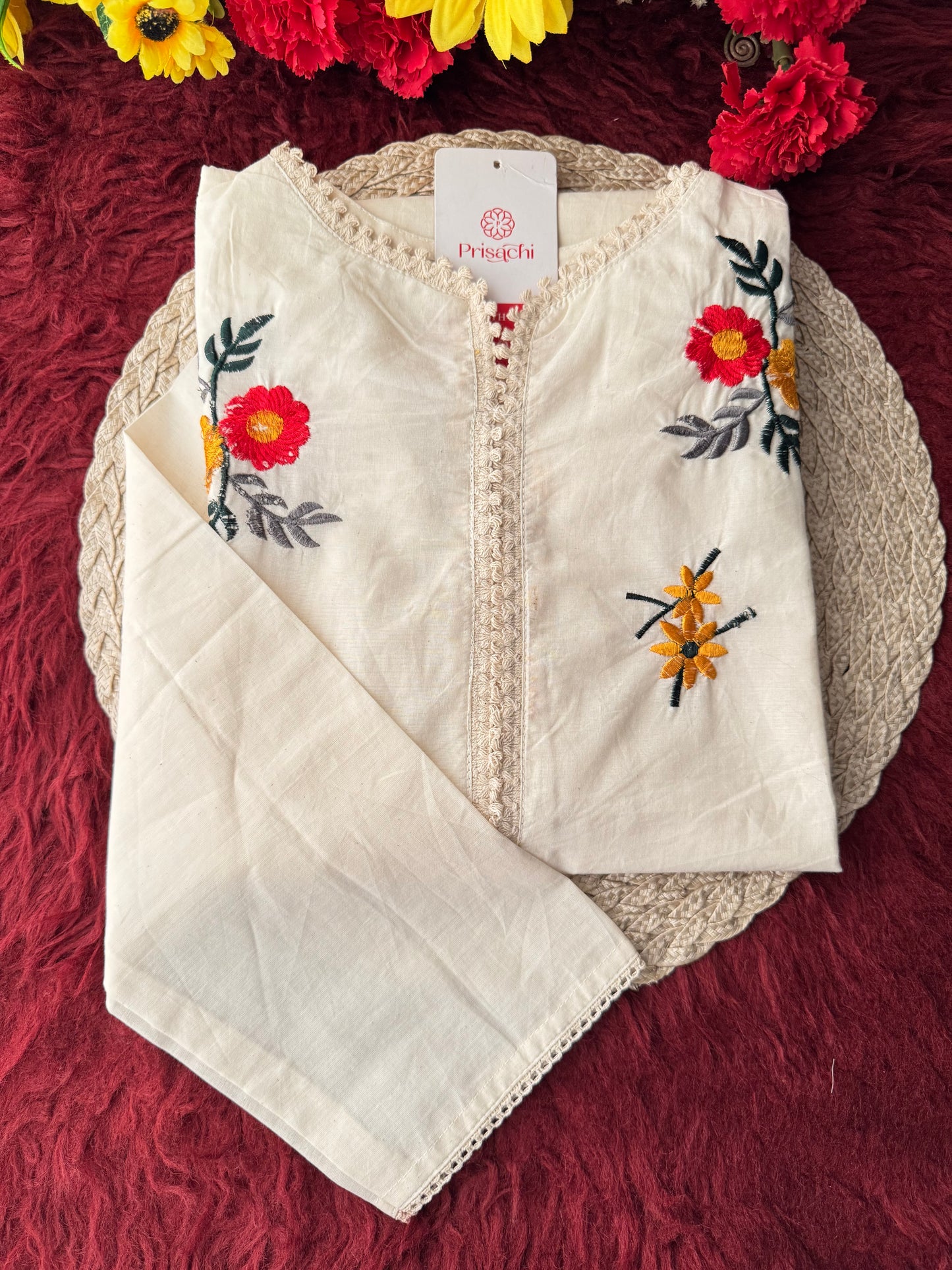 Off White Floral Thread Embroidered A-Line Kurti for Women | Casual & Office Wear Ethnic Kurta