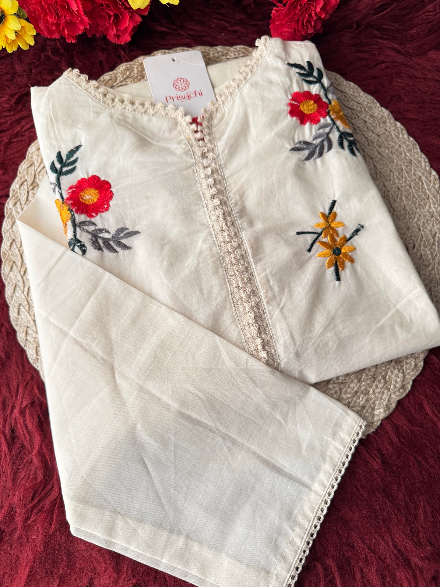 Off White Floral Thread Embroidered A-Line Kurti for Women | Casual & Office Wear Ethnic Kurta