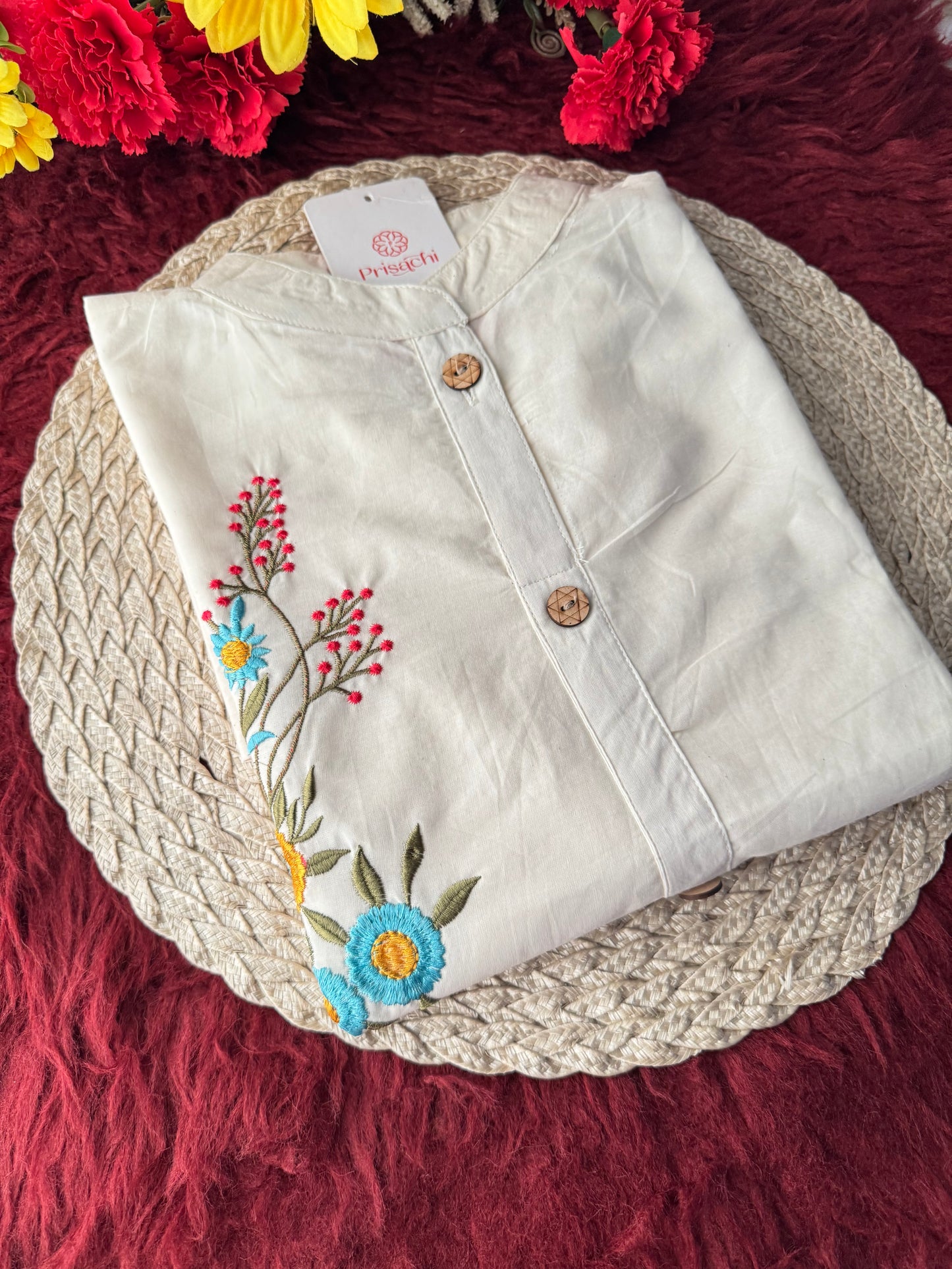 Off White Floral Thread Embroidered Short Kurti for Women | A-Line Fit Ethnic Wear