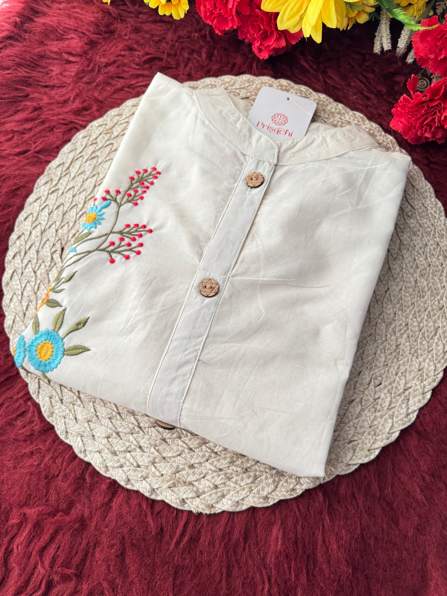 Off White Floral Thread Embroidered Short Kurti for Women | A-Line Fit Ethnic Wear