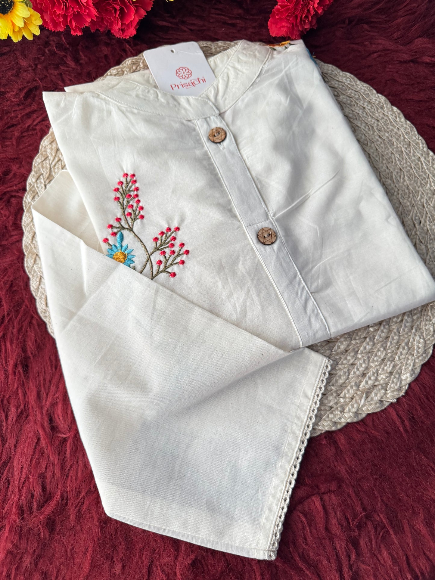 Off White Floral Thread Embroidered Short Kurti for Women | A-Line Fit Ethnic Wear