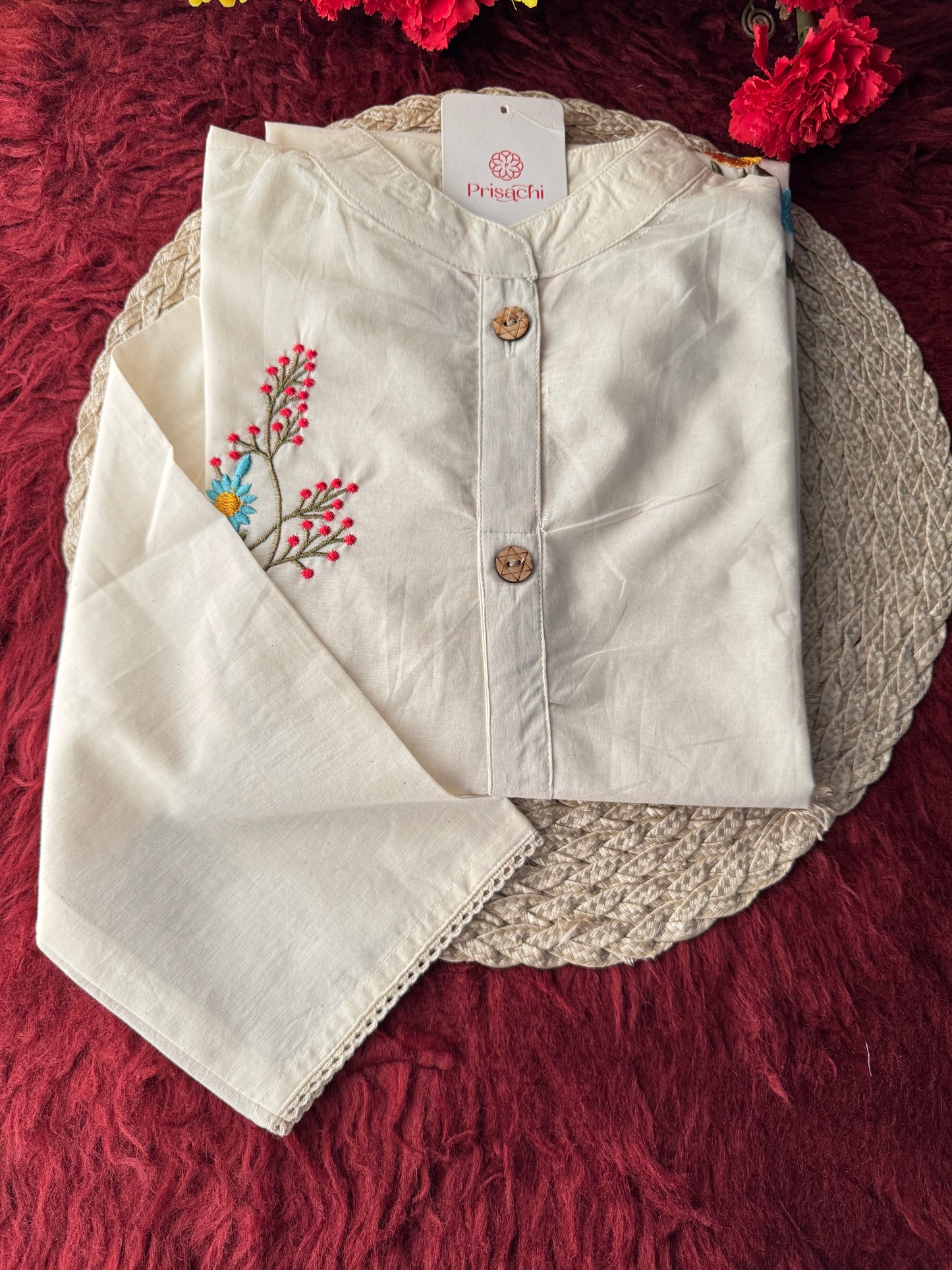 Off White Floral Thread Embroidered Short Kurti for Women | A-Line Fit Ethnic Wear