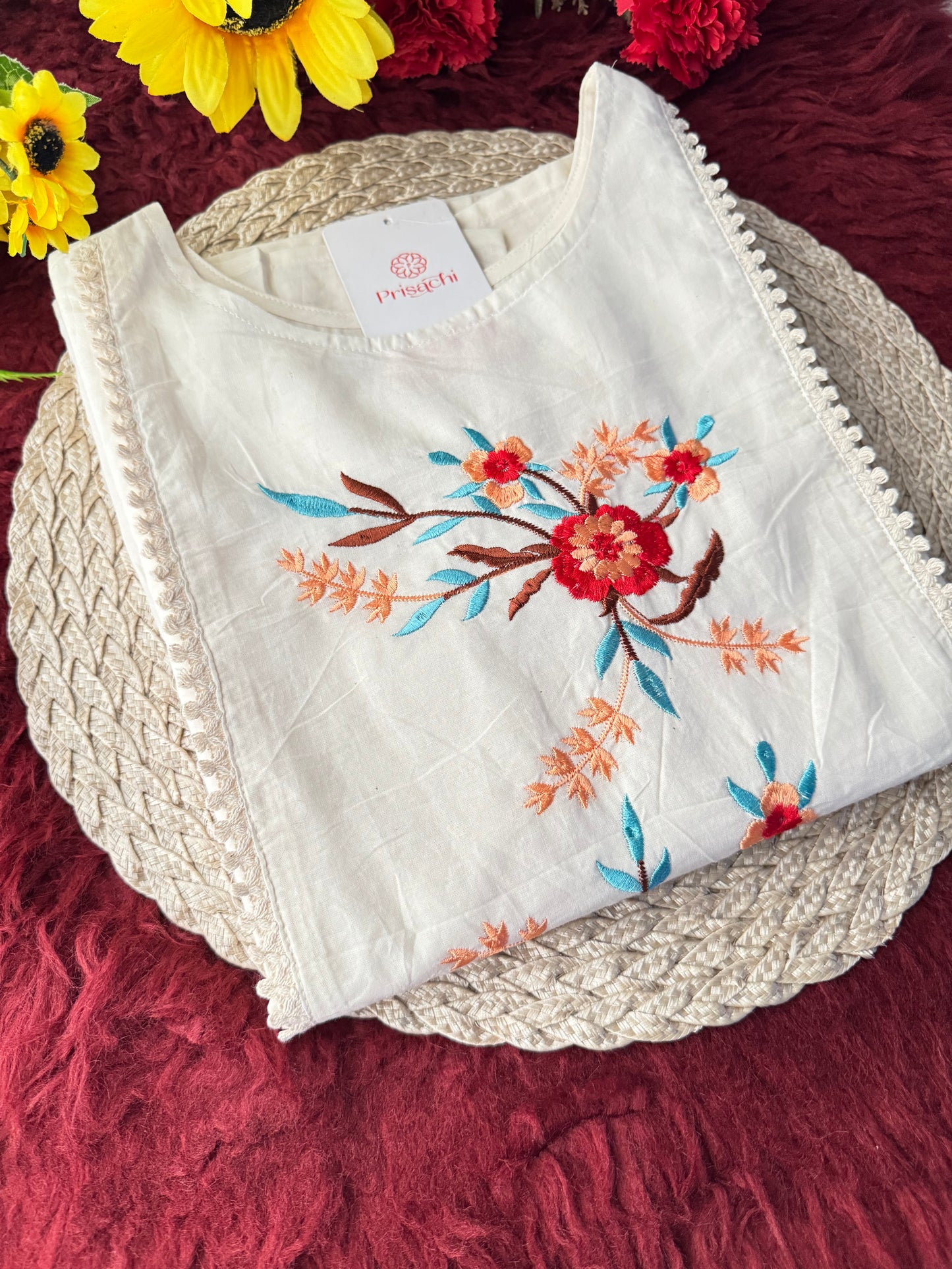 Off White Floral Thread Embroidered Tunic Top for Women | Tiered A-Line Ethnic Top | Casual Office Wear