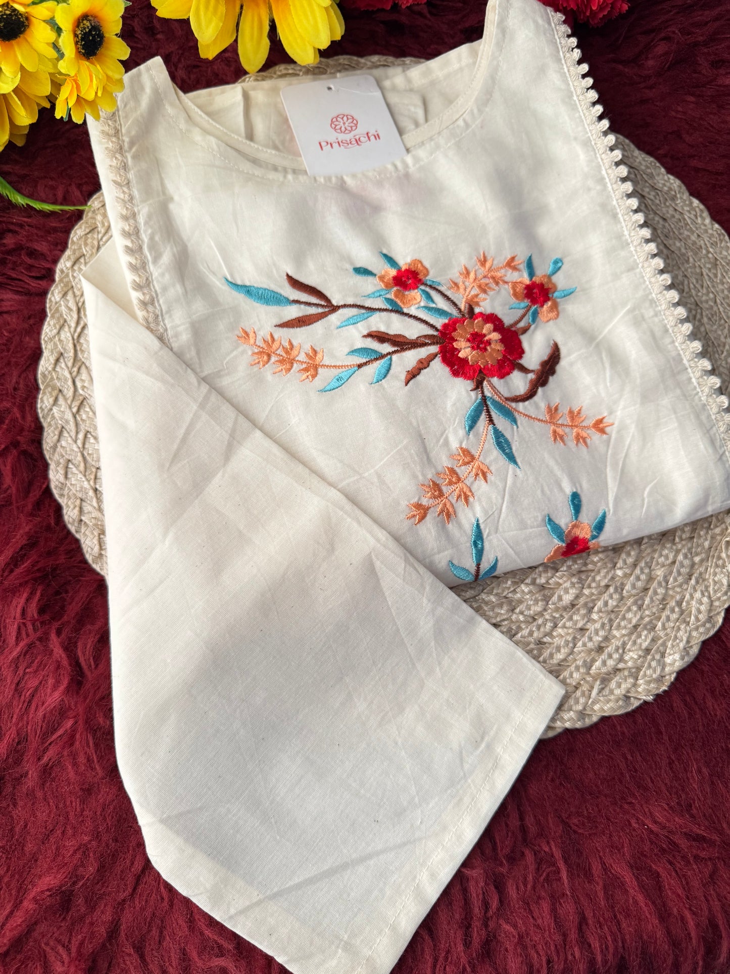Off White Floral Thread Embroidered Tunic Top for Women | Tiered A-Line Ethnic Top | Casual Office Wear