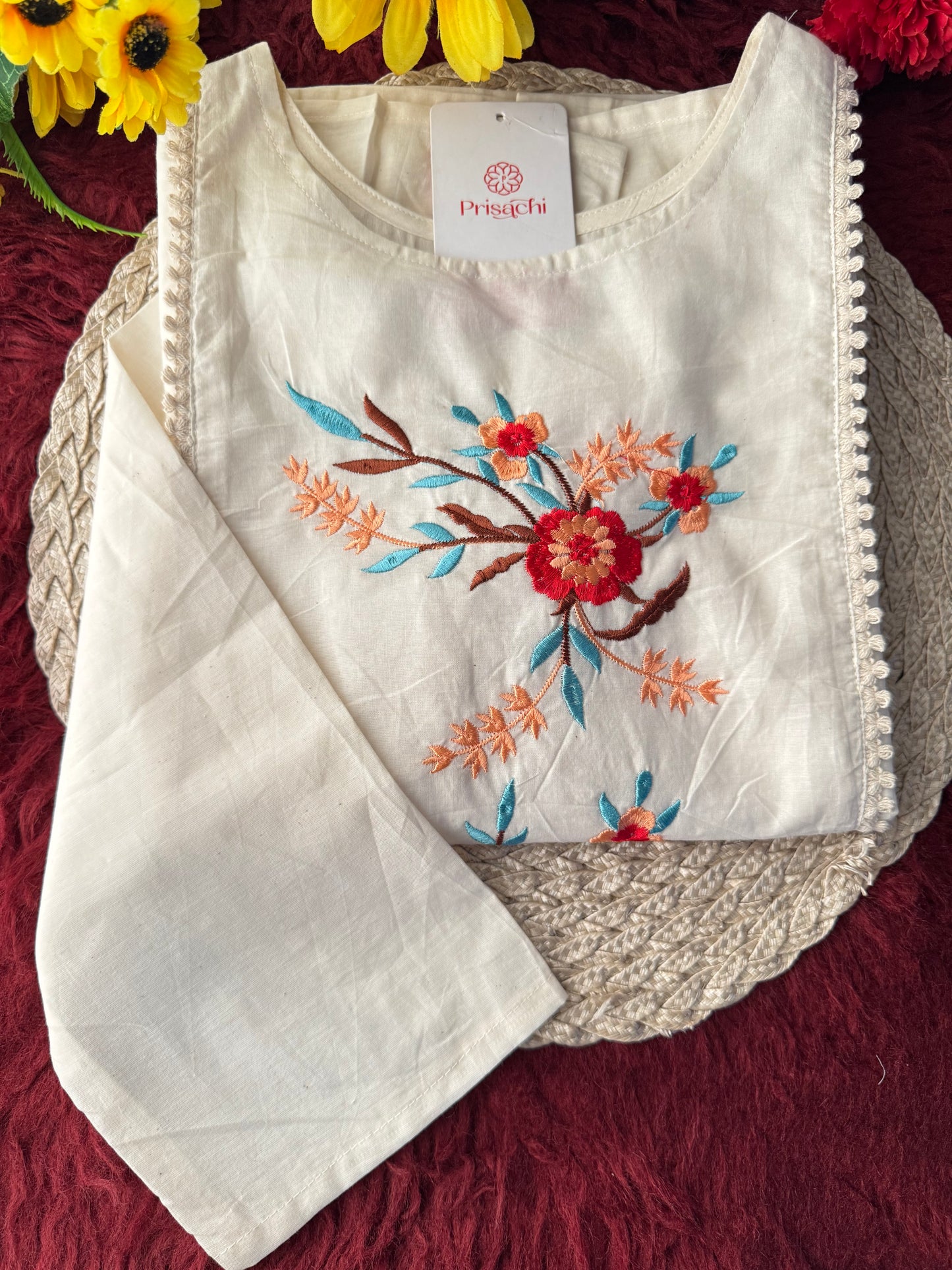 Off White Floral Thread Embroidered Tunic Top for Women | Tiered A-Line Ethnic Top | Casual Office Wear