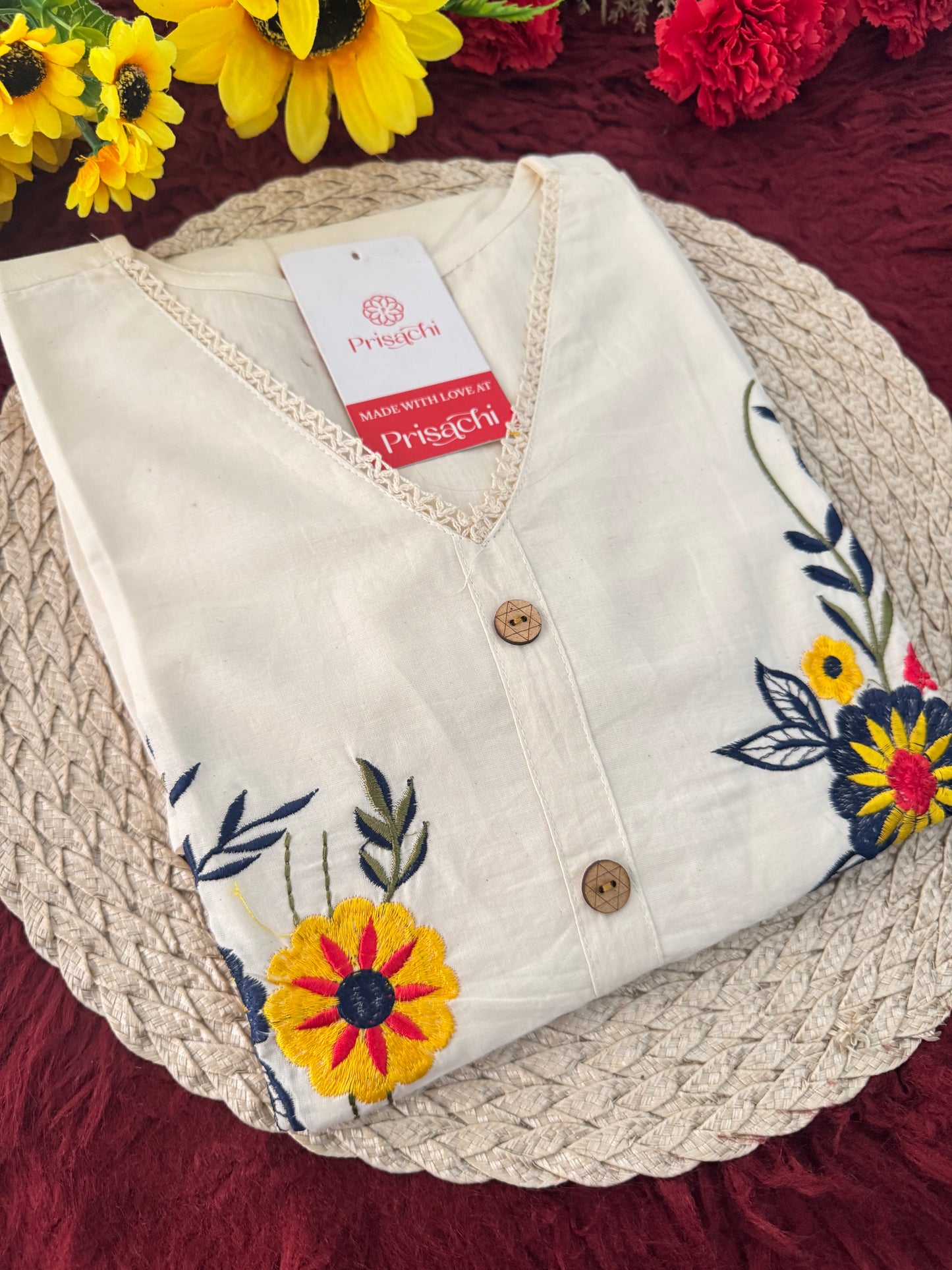 Off White Floral Thread Embroidered Tunic Top for Women | Tiered A-Line Short Kurti | Casual Office Wear