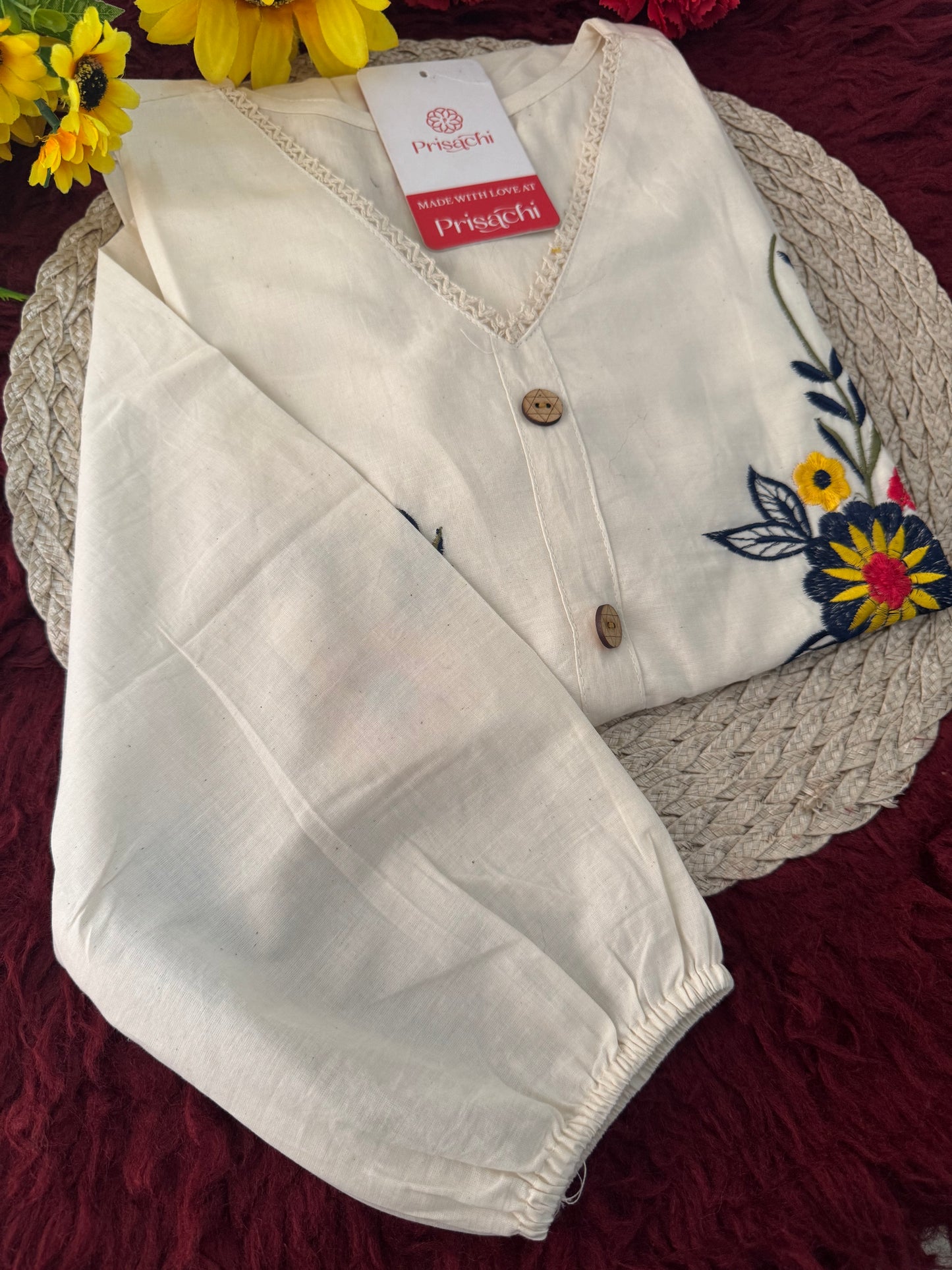 Off White Floral Thread Embroidered Tunic Top for Women | Tiered A-Line Short Kurti | Casual Office Wear