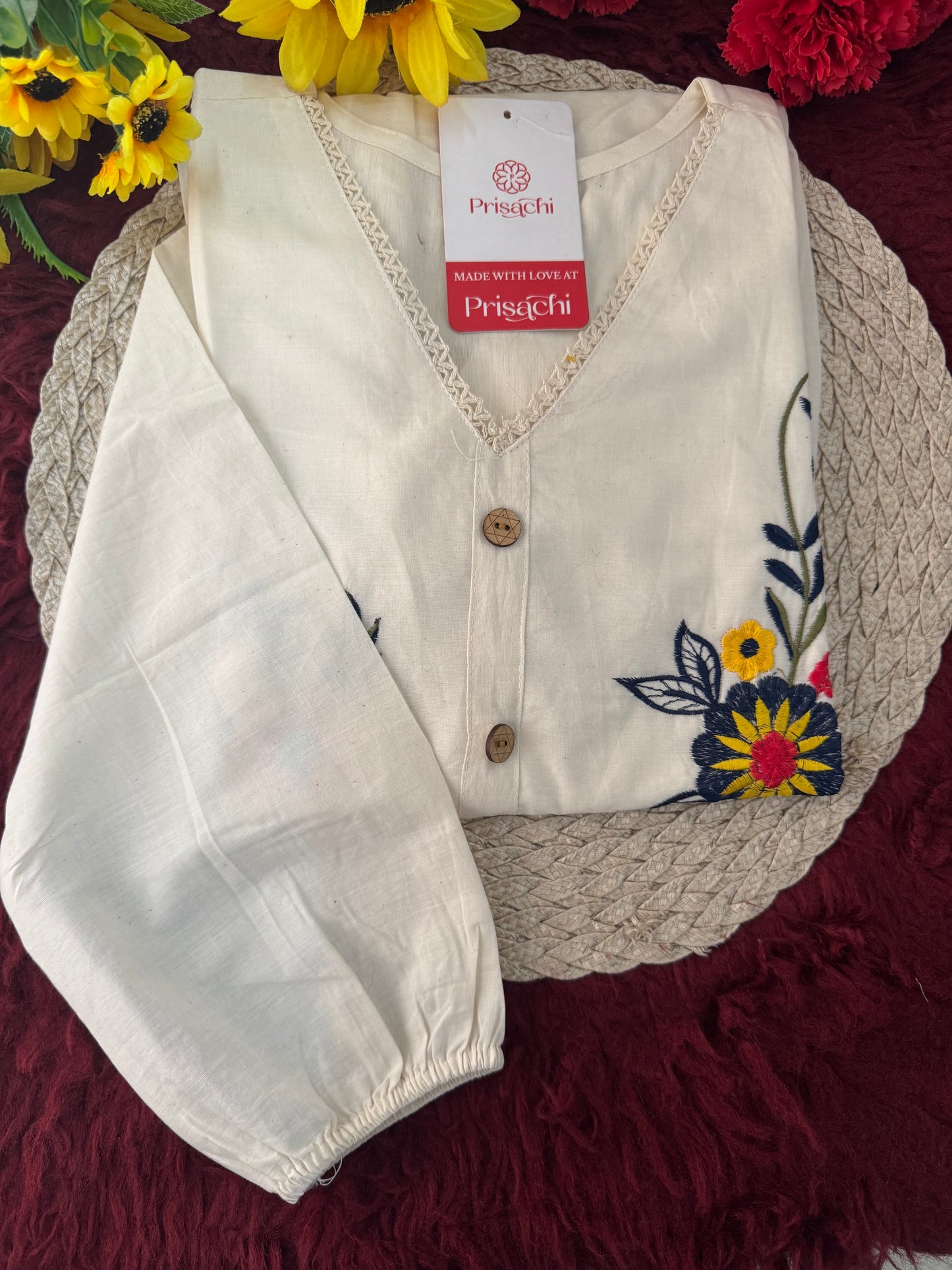 Off White Floral Thread Embroidered Tunic Top for Women | Tiered A-Line Short Kurti | Casual Office Wear