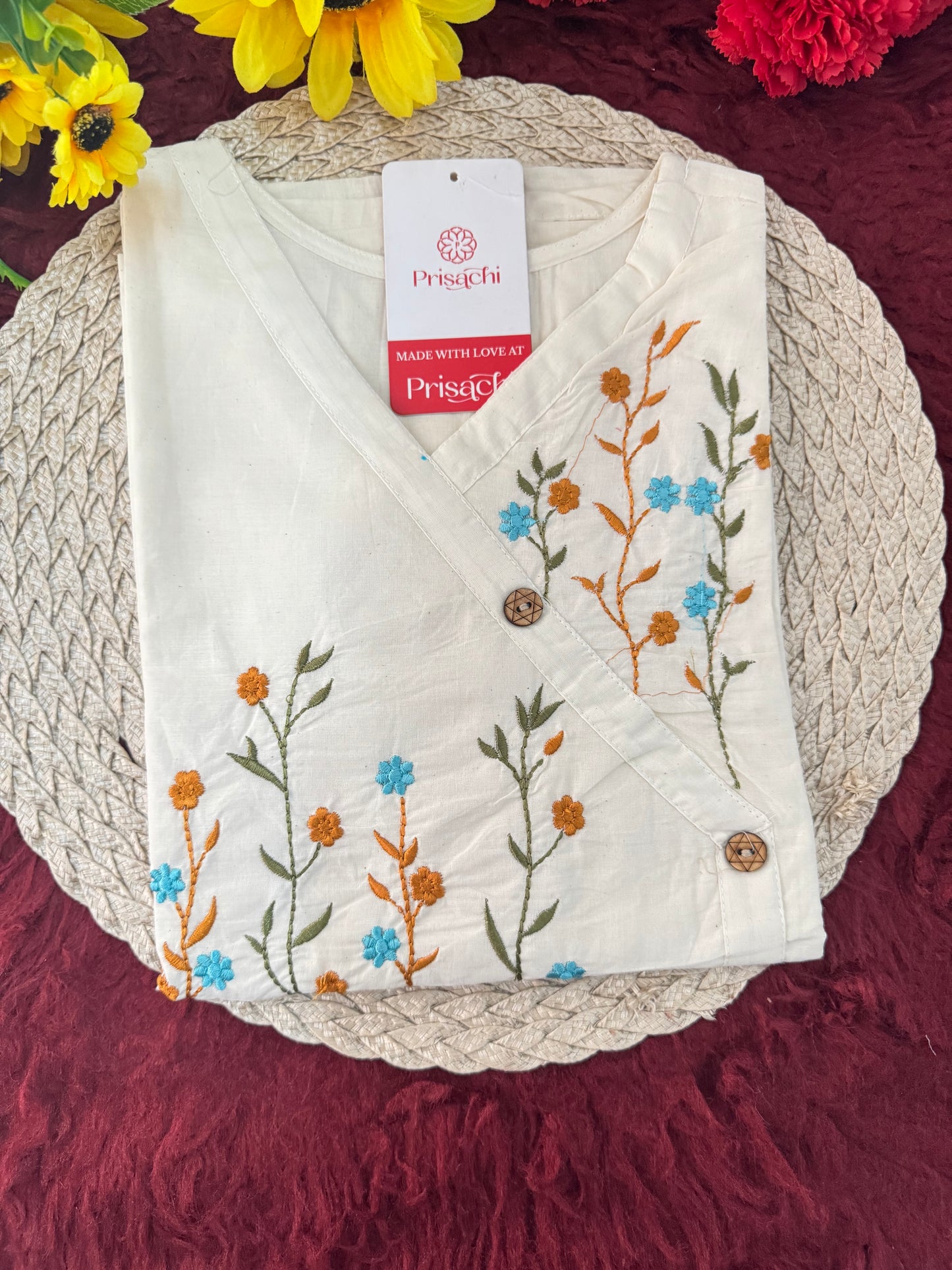 Off White Floral Thread Embroidered Tunic Top for Women | A-Line Short Kurti | Casual Office Wear