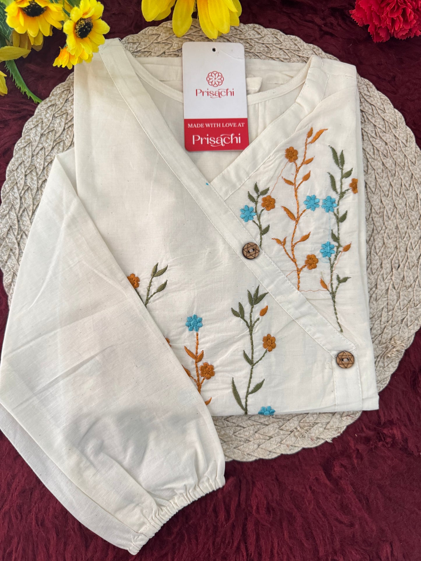 Off White Floral Thread Embroidered Tunic Top for Women | A-Line Short Kurti | Casual Office Wear