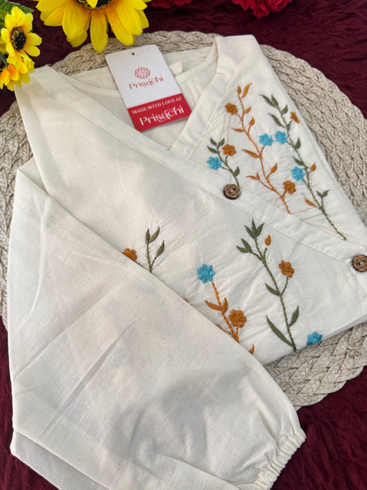 Off White Floral Thread Embroidered Tunic Top for Women | A-Line Short Kurti | Casual Office Wear