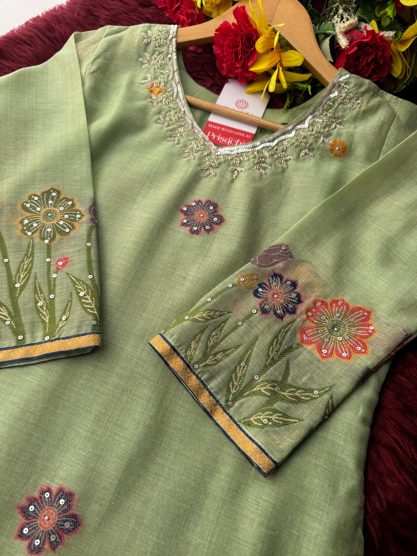 Pista Green Floral Embroidered Designer Kurta Set for Women with Pants & Dupatta | Ethnic Wear