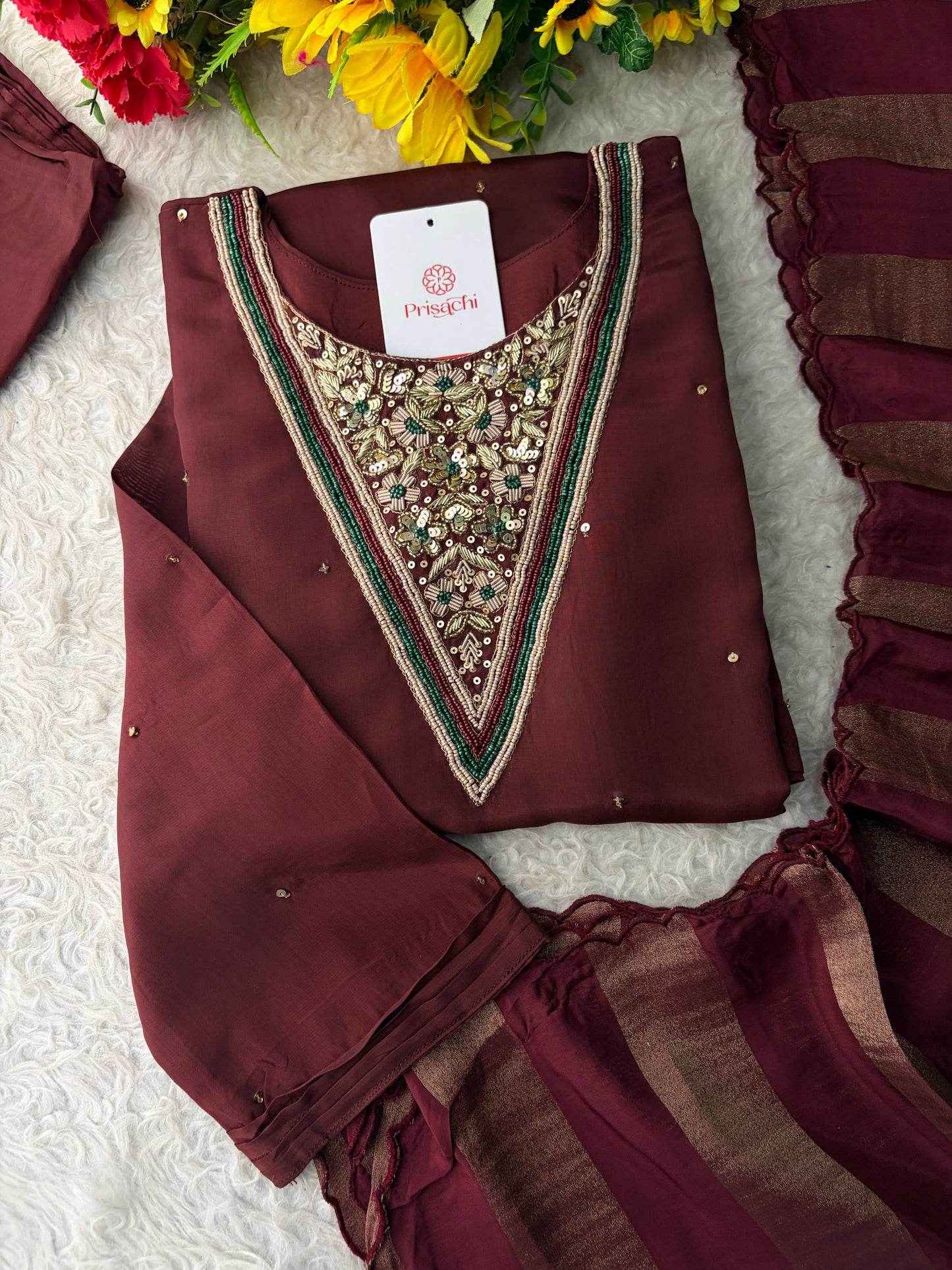 Brown Embroidered Kurta Set with Palazzo Pants & Dupatta | Festive & Party Wear Ethnic Sharara Set