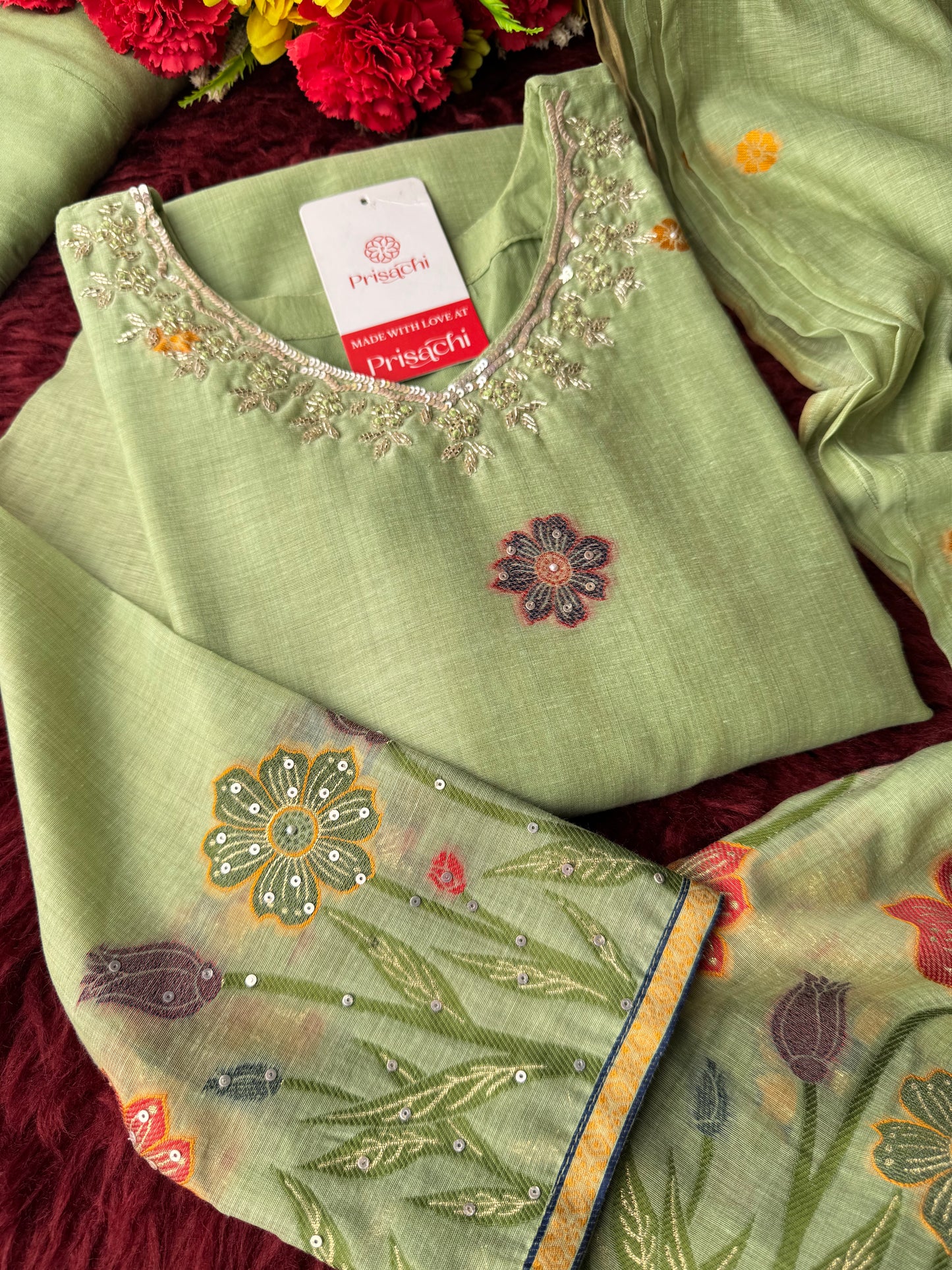 Pista Green Floral Embroidered Designer Kurta Set for Women with Pants & Dupatta | Ethnic Wear