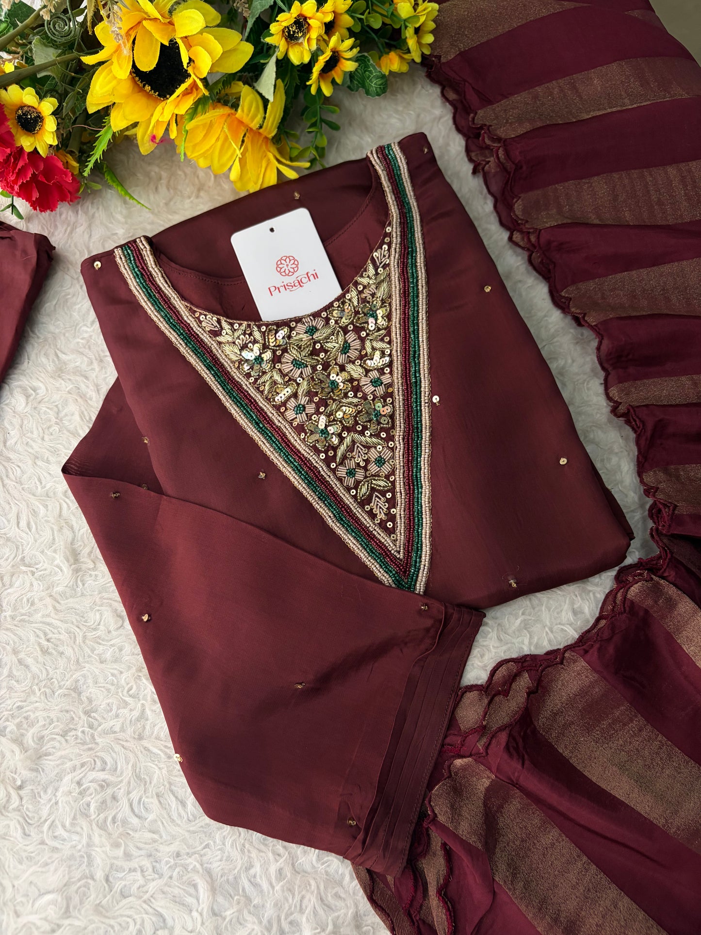Brown Embroidered Kurta Set with Palazzo Pants & Dupatta | Festive & Party Wear Ethnic Sharara Set