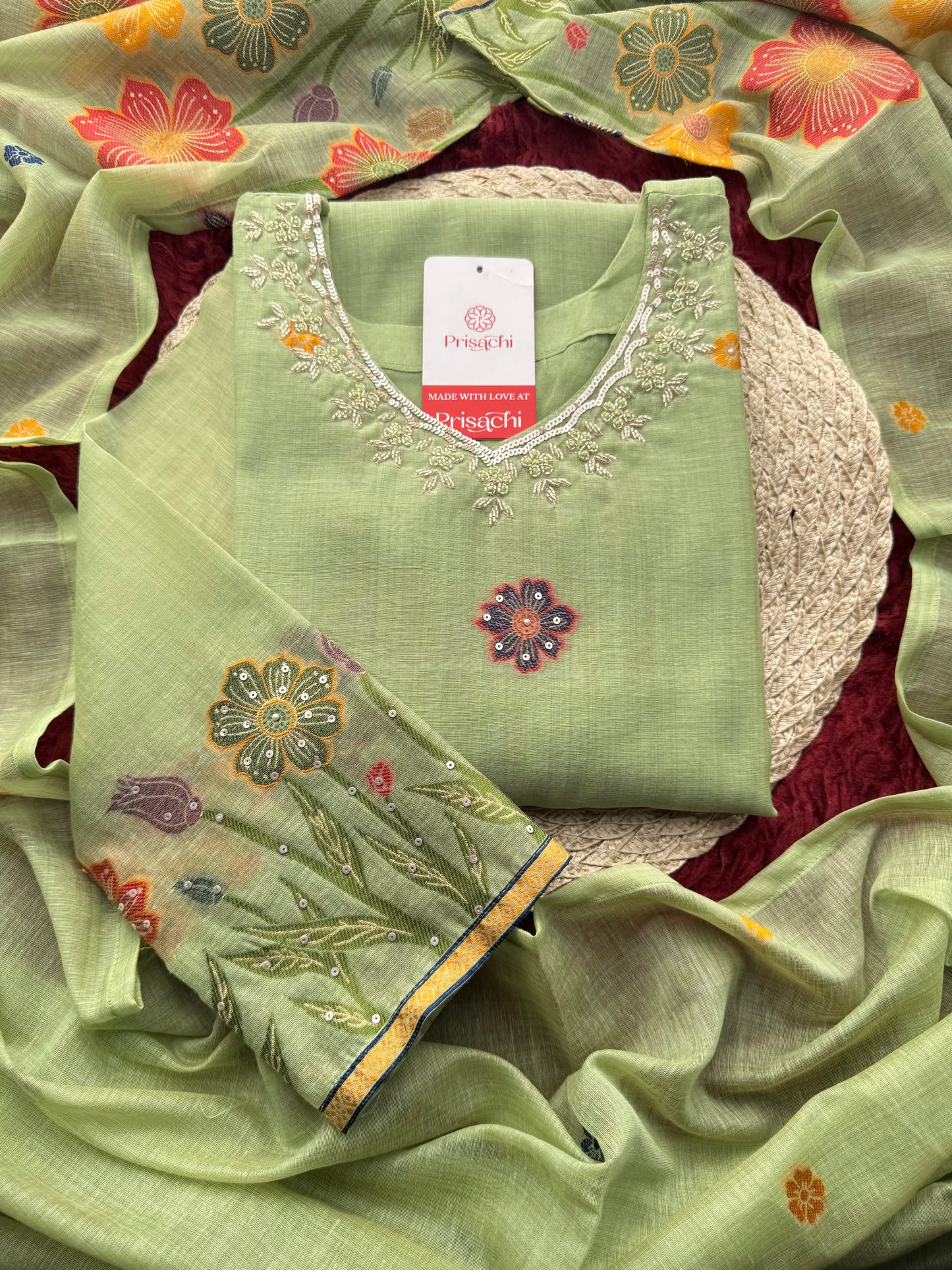 Pista Green Floral Embroidered Designer Kurta Set for Women with Pants & Dupatta | Ethnic Wear