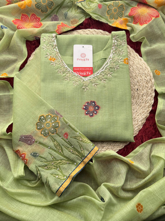 Pista Green Floral Embroidered Designer Kurta Set for Women with Pants & Dupatta | Ethnic Wear