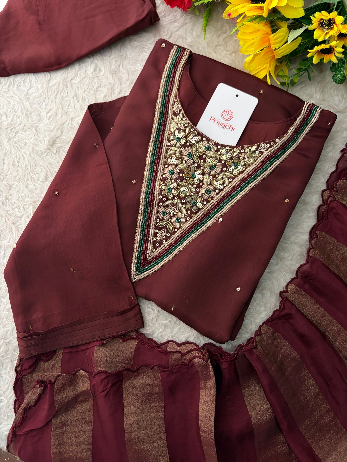 Brown Embroidered Kurta Set with Palazzo Pants & Dupatta | Festive & Party Wear Ethnic Sharara Set