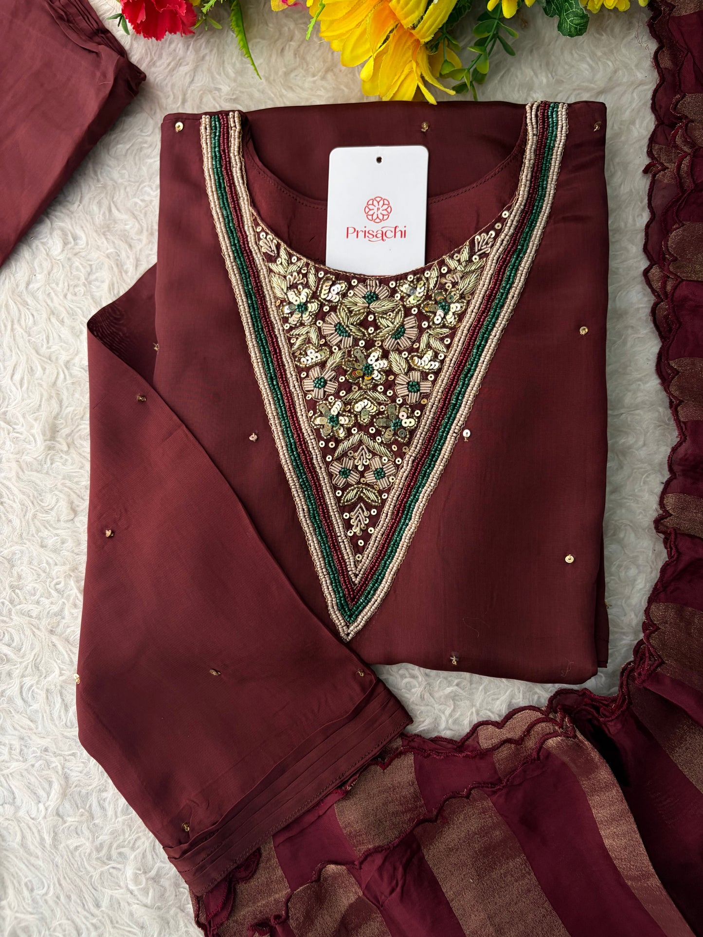 Brown Embroidered Kurta Set with Palazzo Pants & Dupatta | Festive & Party Wear Ethnic Sharara Set