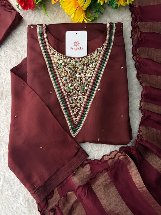 Brown Embroidered Kurta Set with Palazzo Pants & Dupatta | Festive & Party Wear Ethnic Sharara Set