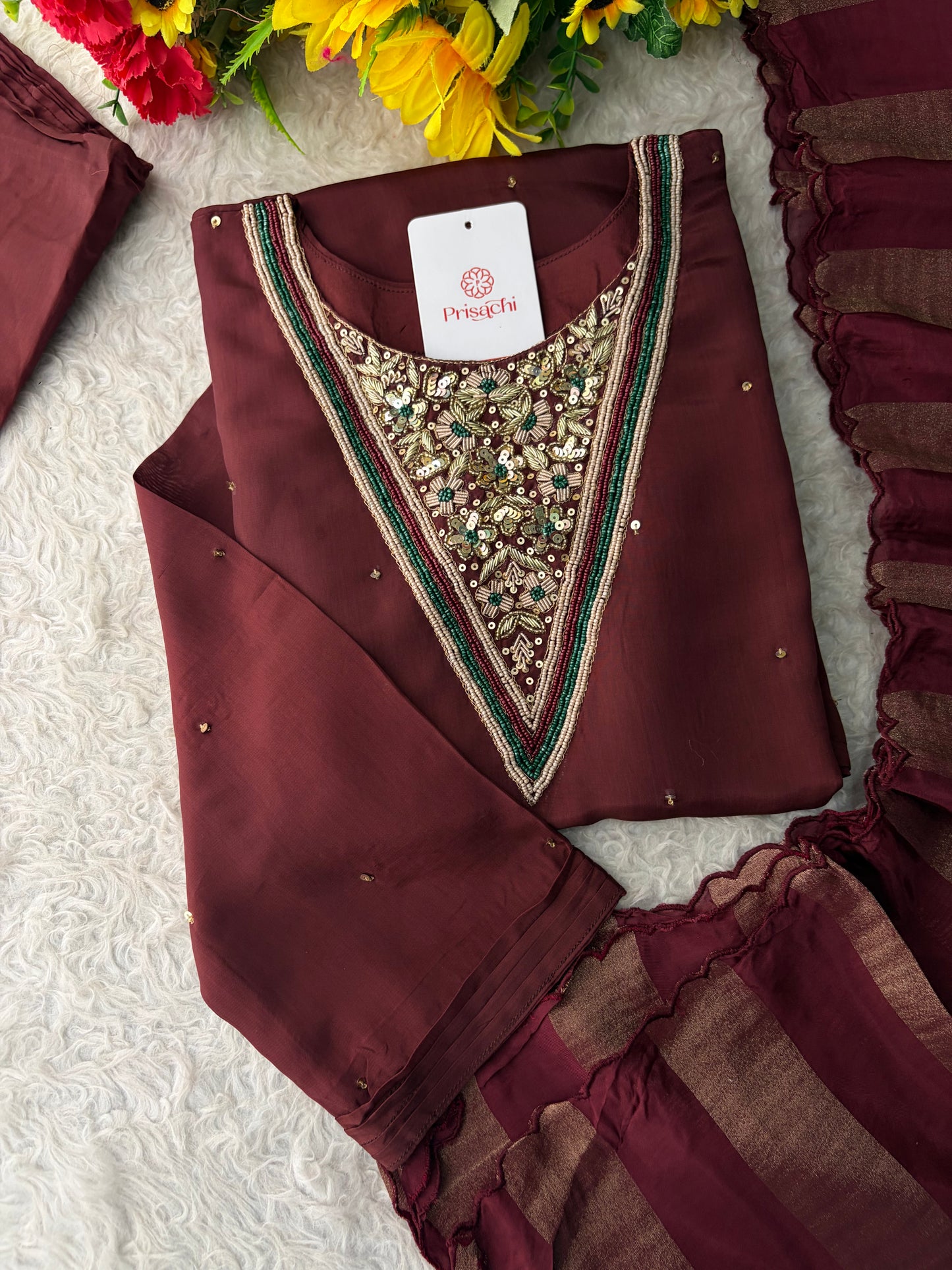 Brown Embroidered Kurta Set with Palazzo Pants & Dupatta | Festive & Party Wear Ethnic Sharara Set