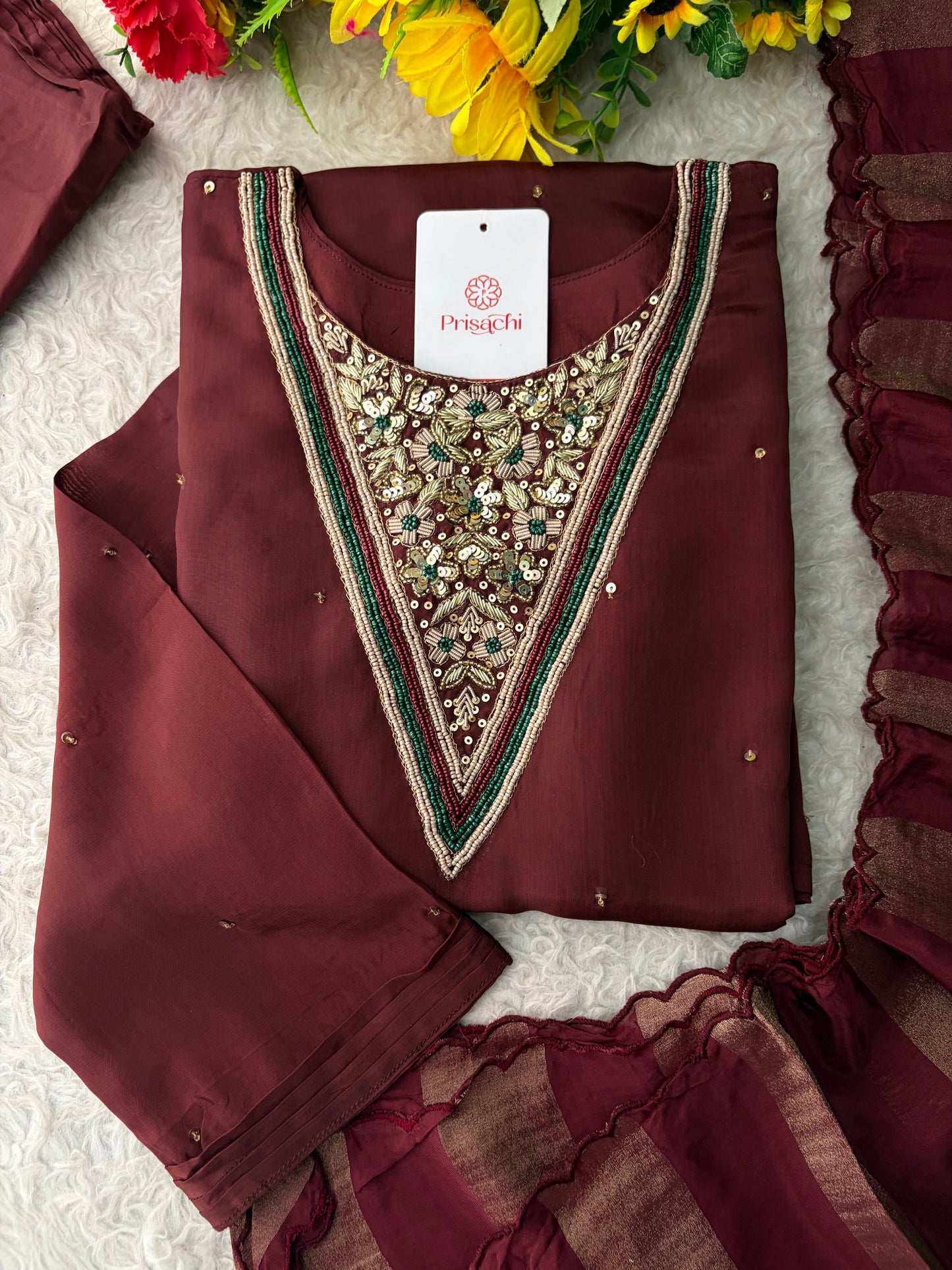 Brown Embroidered Kurta Set with Palazzo Pants & Dupatta | Festive & Party Wear Ethnic Sharara Set