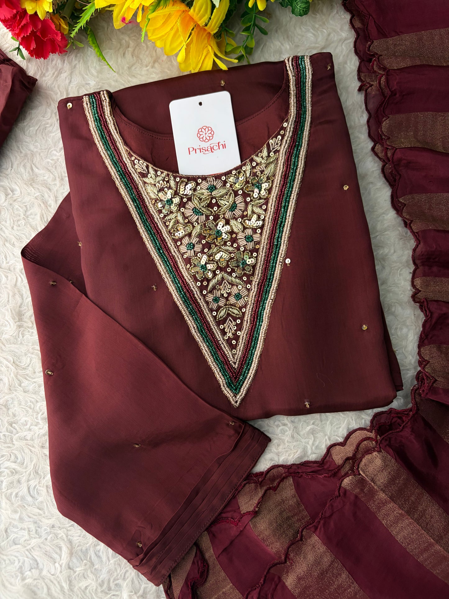 Brown Embroidered Kurta Set with Palazzo Pants & Dupatta | Festive & Party Wear Ethnic Sharara Set