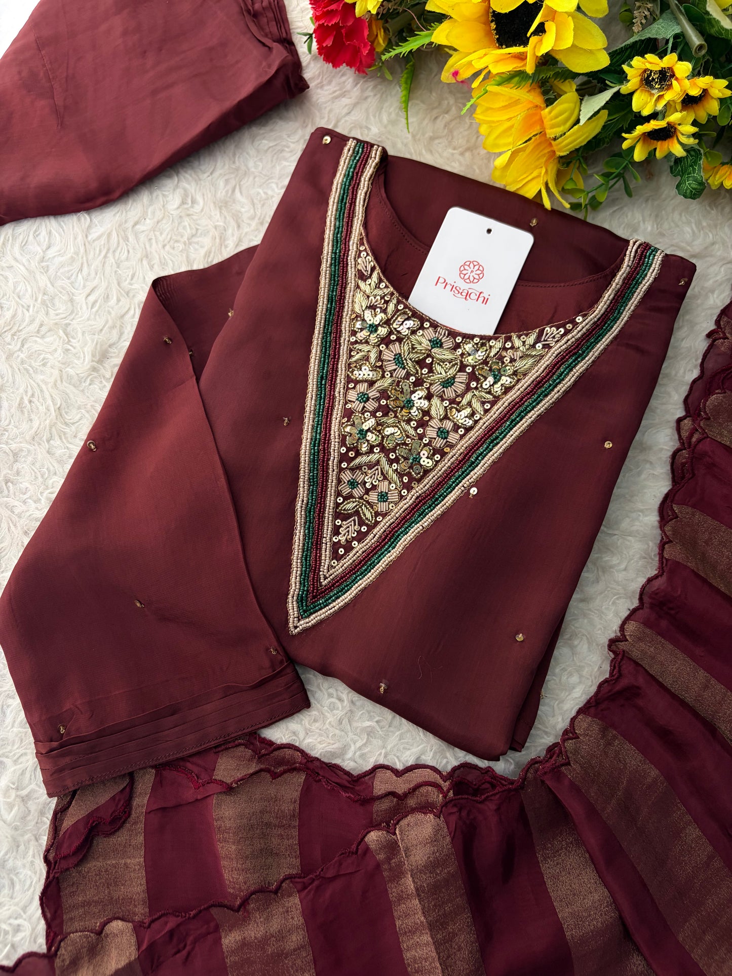 Brown Embroidered Kurta Set with Palazzo Pants & Dupatta | Festive & Party Wear Ethnic Sharara Set