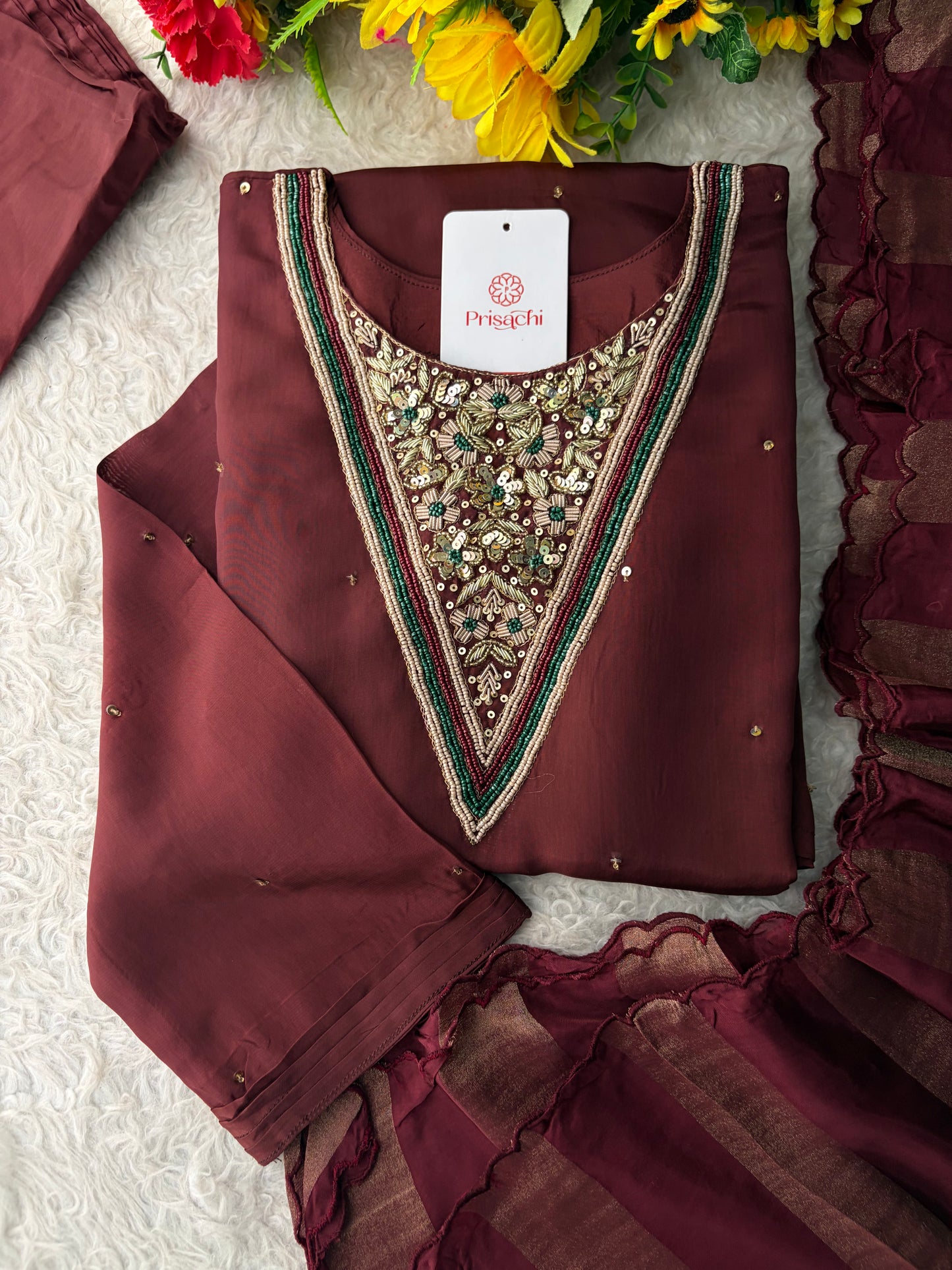 Brown Embroidered Kurta Set with Palazzo Pants & Dupatta | Festive & Party Wear Ethnic Sharara Set