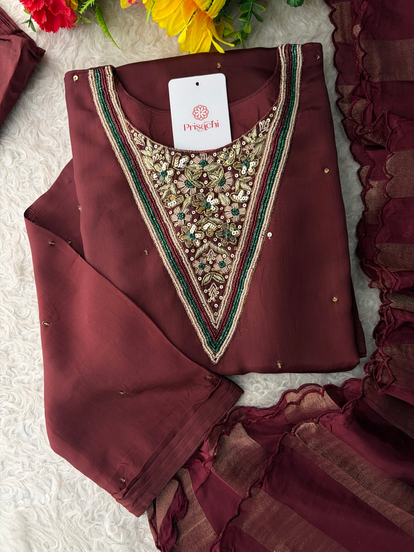 Brown Embroidered Kurta Set with Palazzo Pants & Dupatta | Festive & Party Wear Ethnic Sharara Set