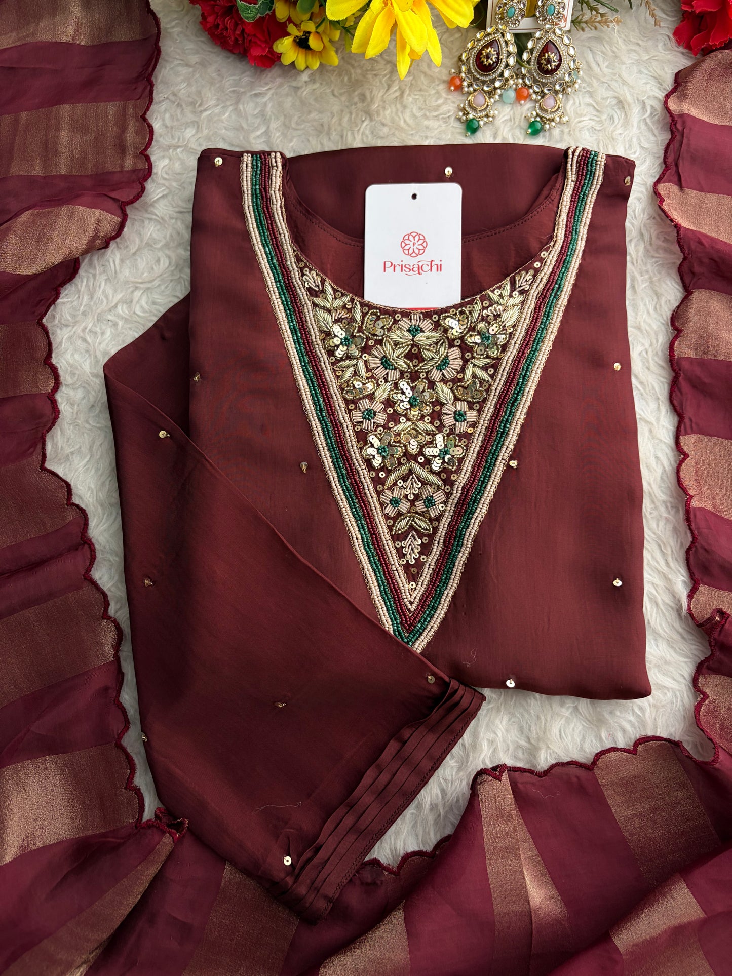 Brown Embroidered Kurta Set with Palazzo Pants & Dupatta | Festive & Party Wear Ethnic Sharara Set