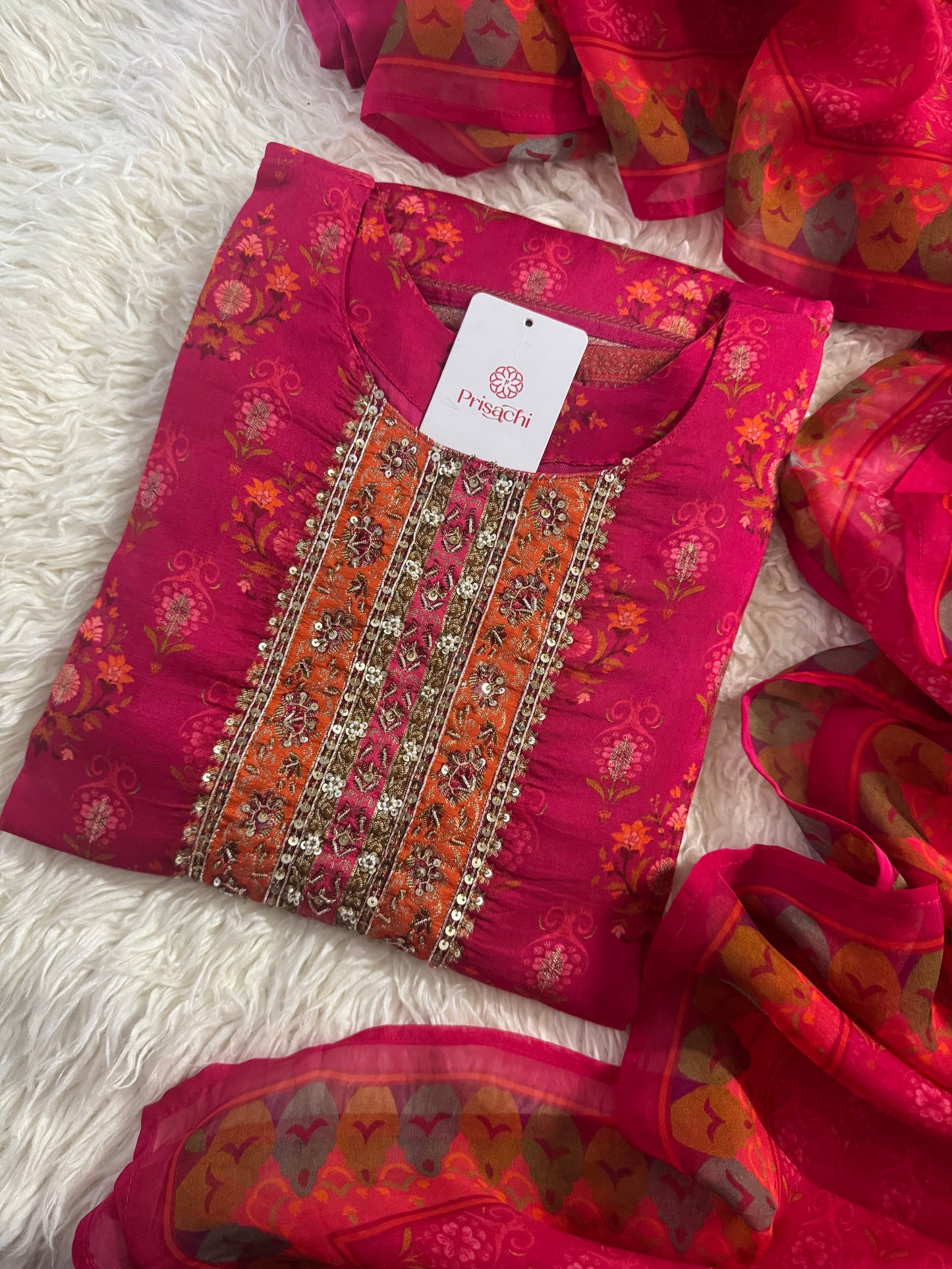 Pink Designer Embroidered Kurta Set with Dupatta & Pant for Women