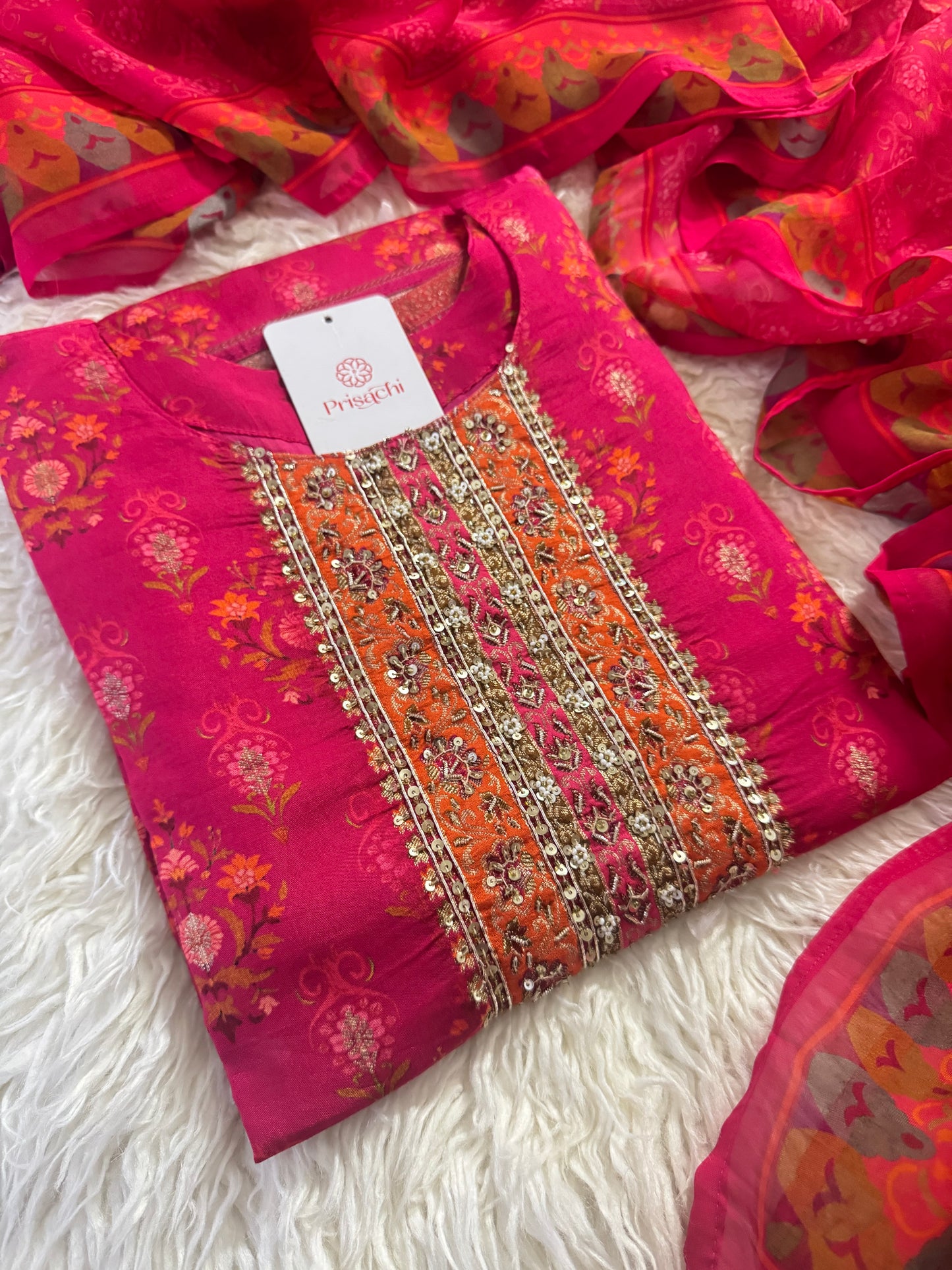 Pink Designer Embroidered Kurta Set with Dupatta & Pant for Women