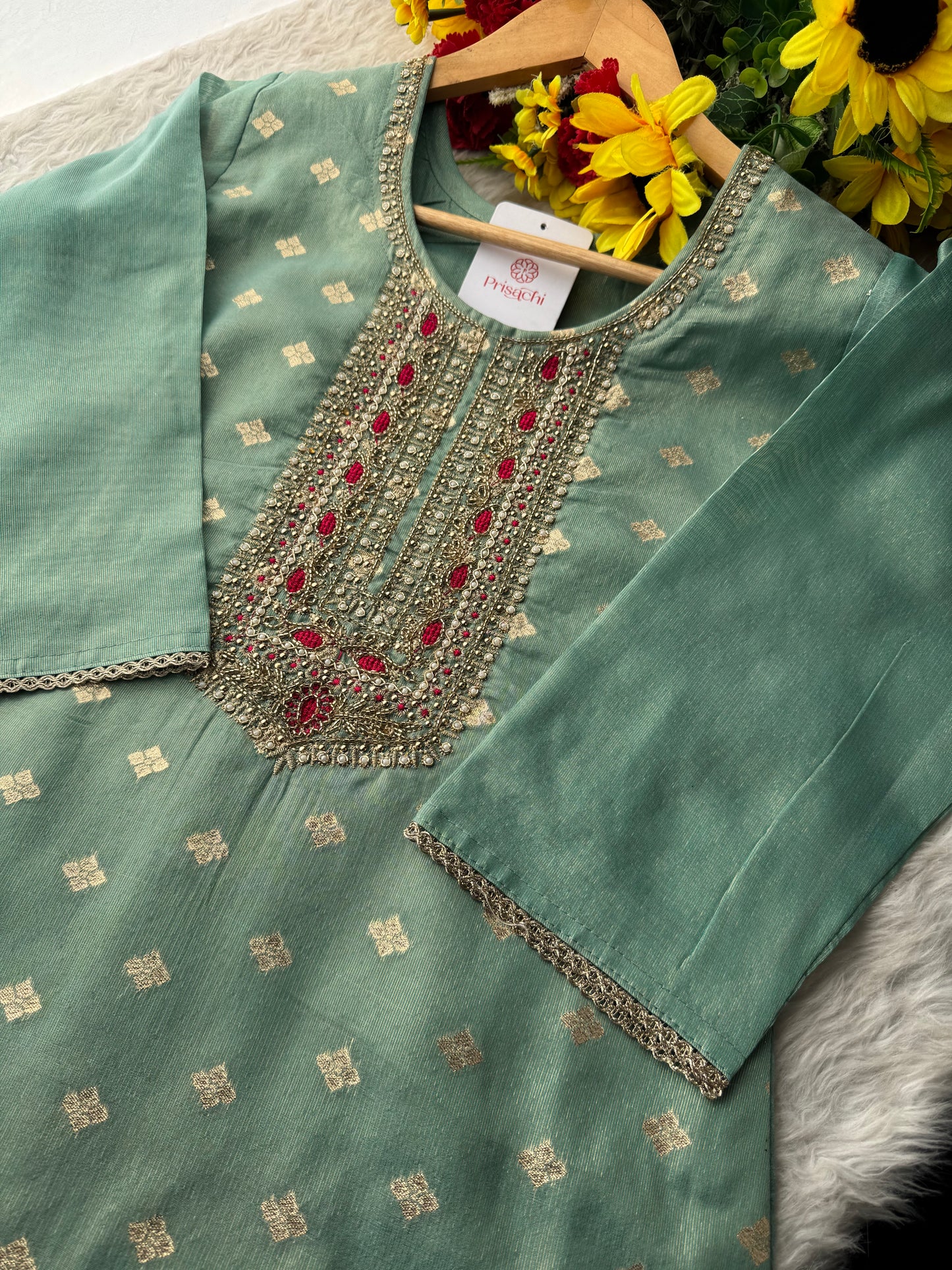 Sea Green Zardozi Embroidered Kurta Set for Women with Pants & Banarasi Dupatta | Traditional Ethnic Wear