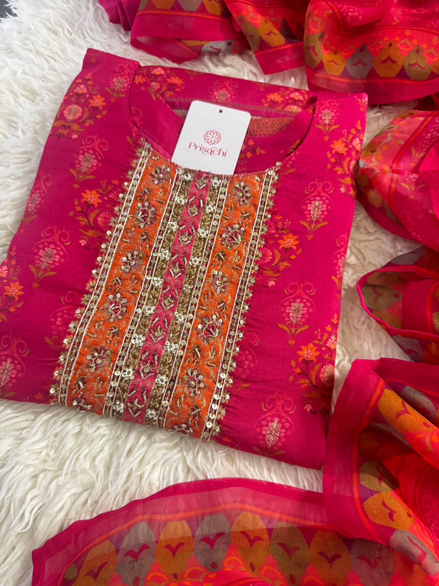 Pink Designer Embroidered Kurta Set with Dupatta & Pant for Women