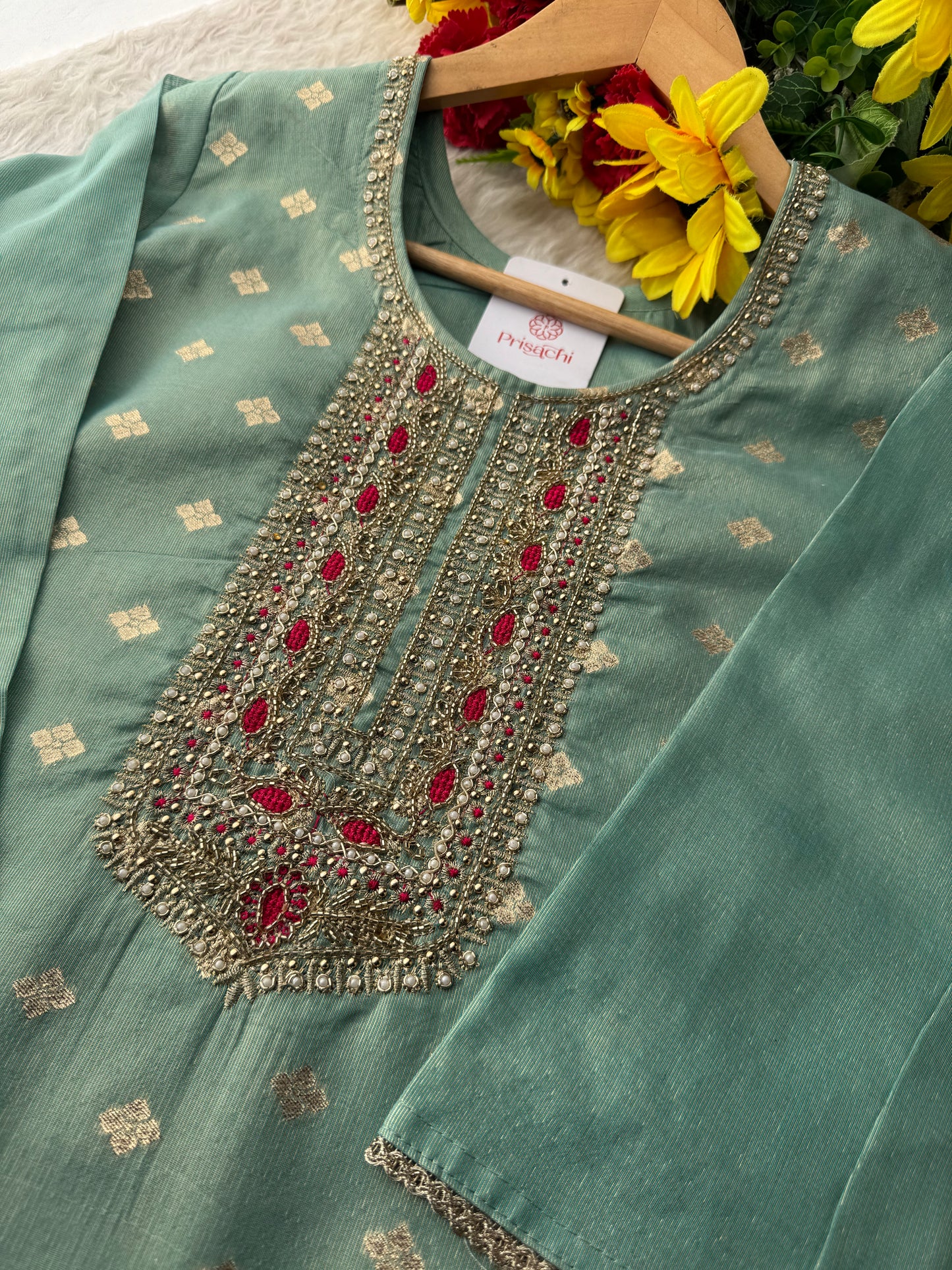 Sea Green Zardozi Embroidered Kurta Set for Women with Pants & Banarasi Dupatta | Traditional Ethnic Wear