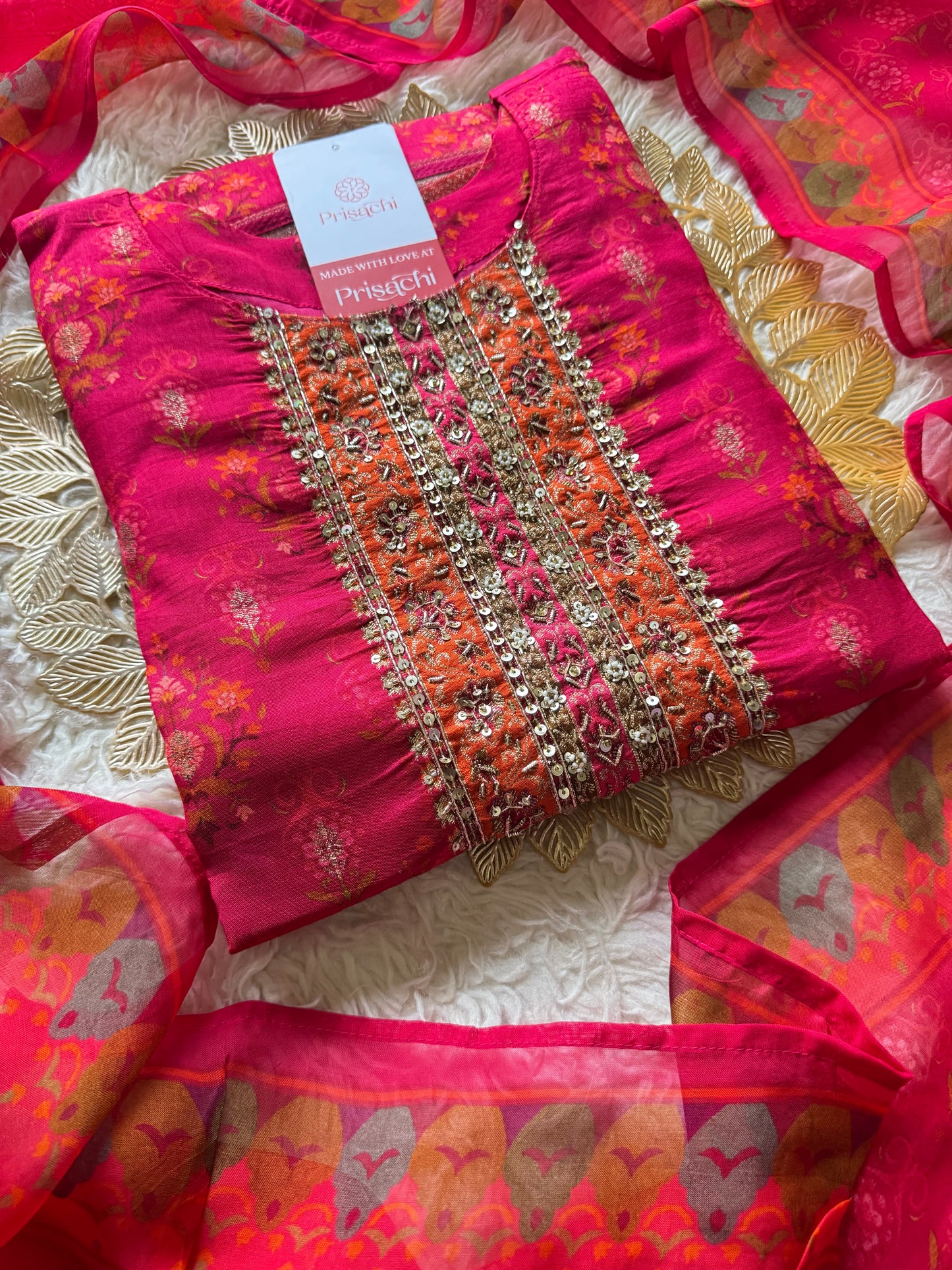 Pink Designer Embroidered Kurta Set with Dupatta & Pant for Women