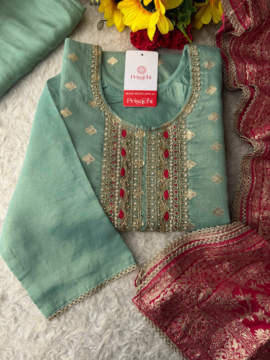 Sea Green Zardozi Embroidered Kurta Set for Women with Pants & Banarasi Dupatta | Traditional Ethnic Wear