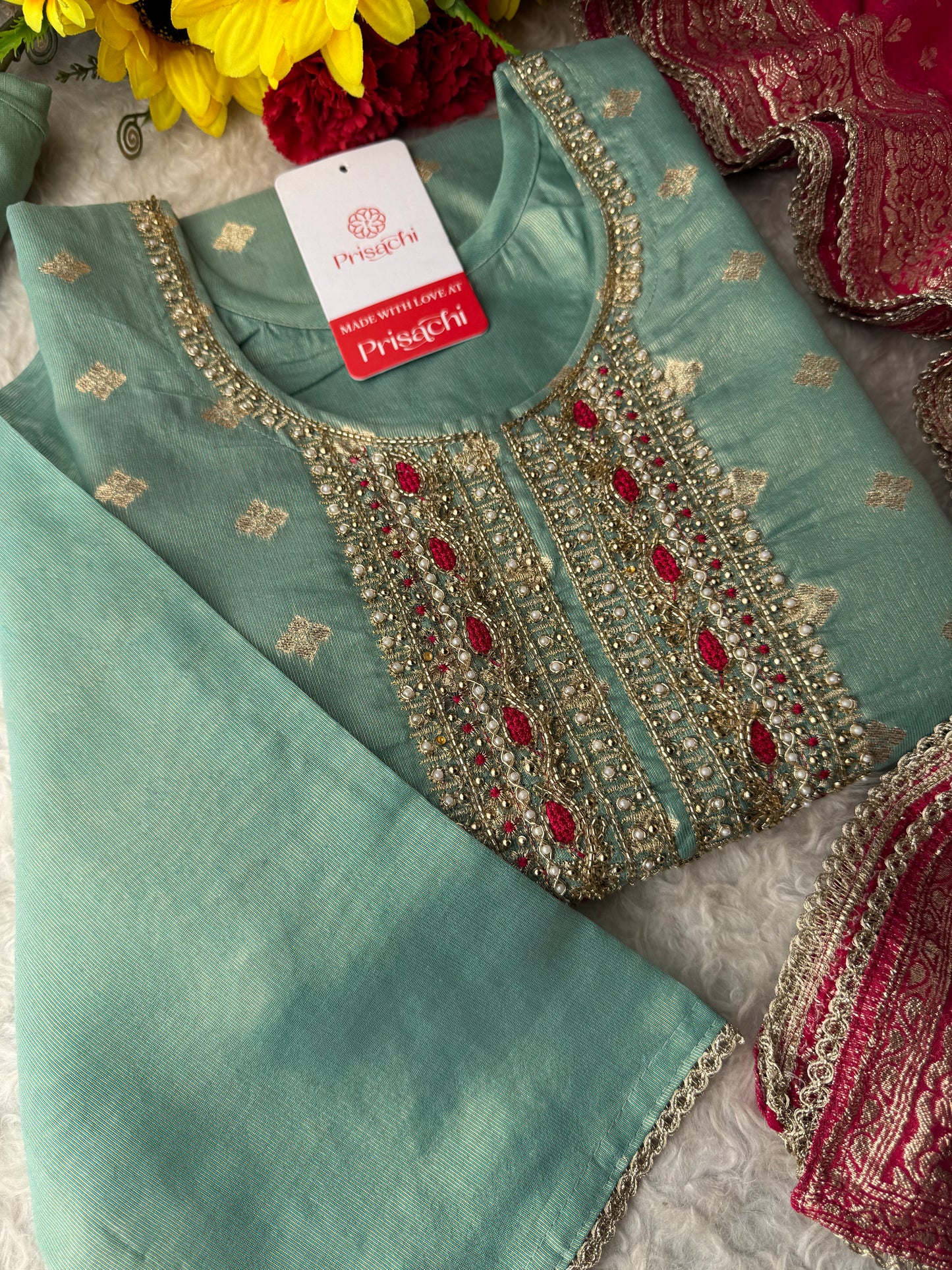 Sea Green Zardozi Embroidered Kurta Set for Women with Pants & Banarasi Dupatta | Traditional Ethnic Wear