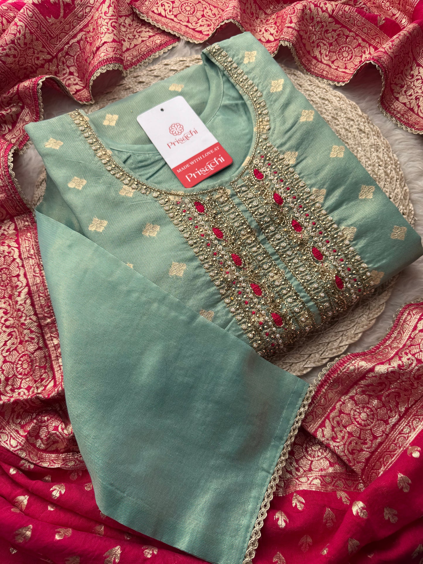 Sea Green Zardozi Embroidered Kurta Set for Women with Pants & Banarasi Dupatta | Traditional Ethnic Wear