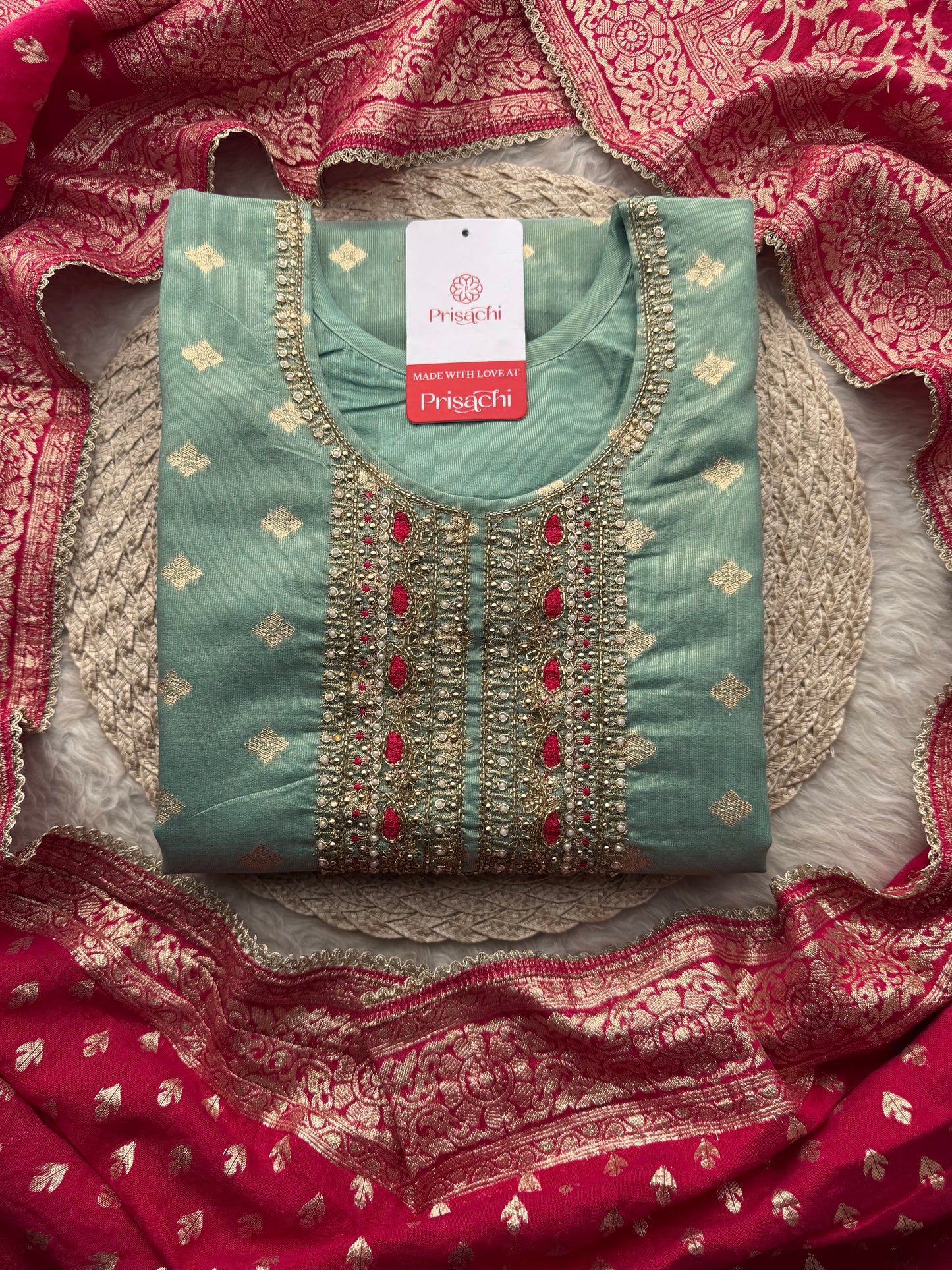 Sea Green Zardozi Embroidered Kurta Set for Women with Pants & Banarasi Dupatta | Traditional Ethnic Wear