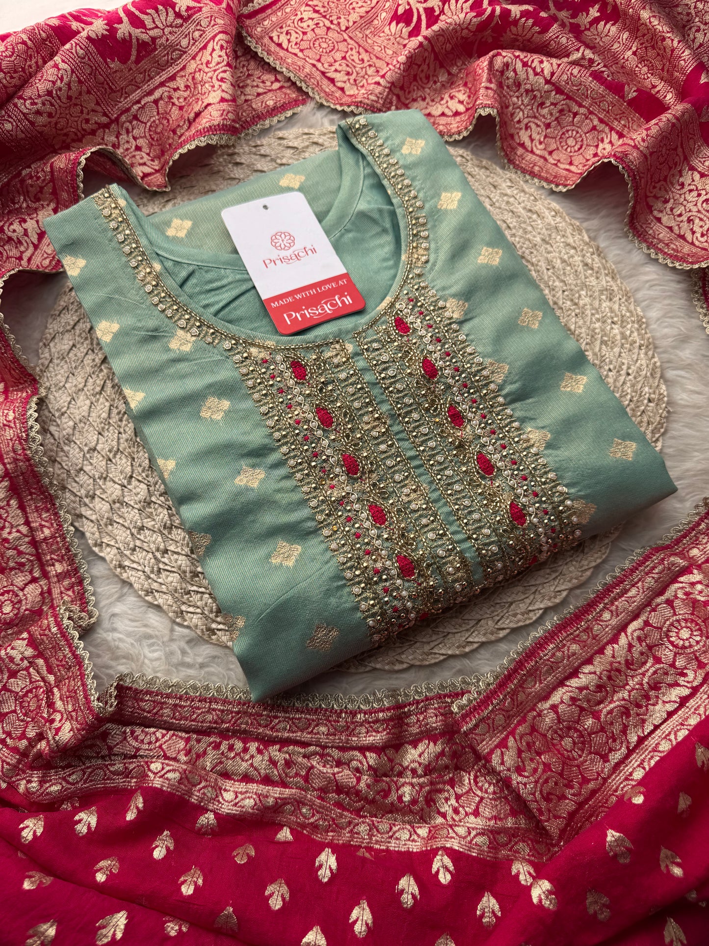 Sea Green Zardozi Embroidered Kurta Set for Women with Pants & Banarasi Dupatta | Traditional Ethnic Wear