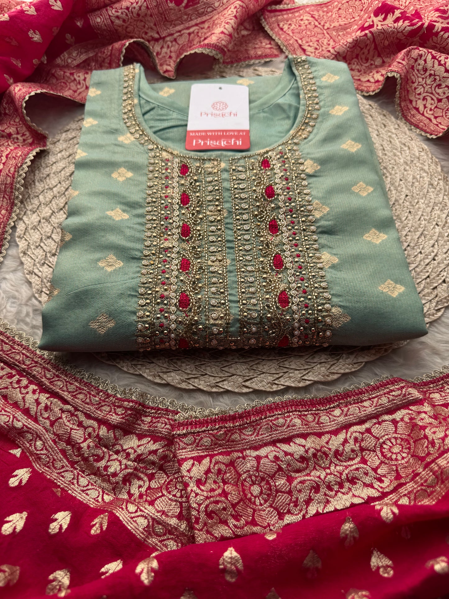 Sea Green Zardozi Embroidered Kurta Set for Women with Pants & Banarasi Dupatta | Traditional Ethnic Wear