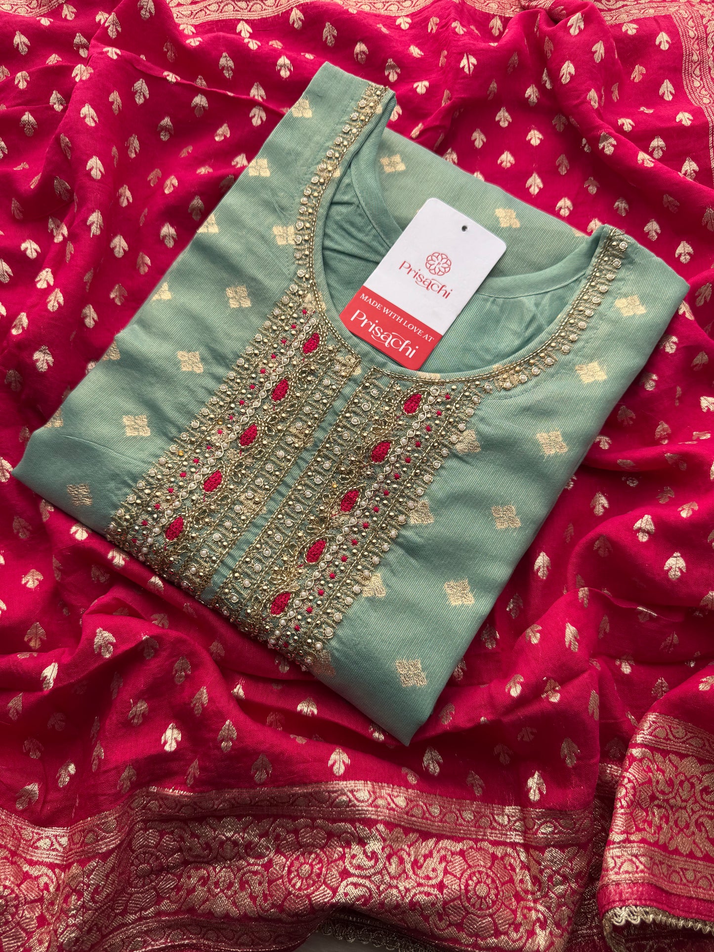 Sea Green Zardozi Embroidered Kurta Set for Women with Pants & Banarasi Dupatta | Traditional Ethnic Wear