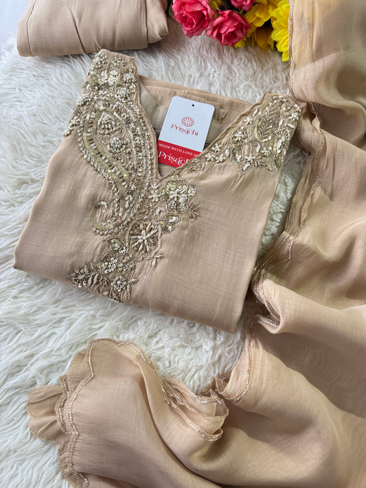 Beige Designer Embroidered kurta set with pant with dupatta