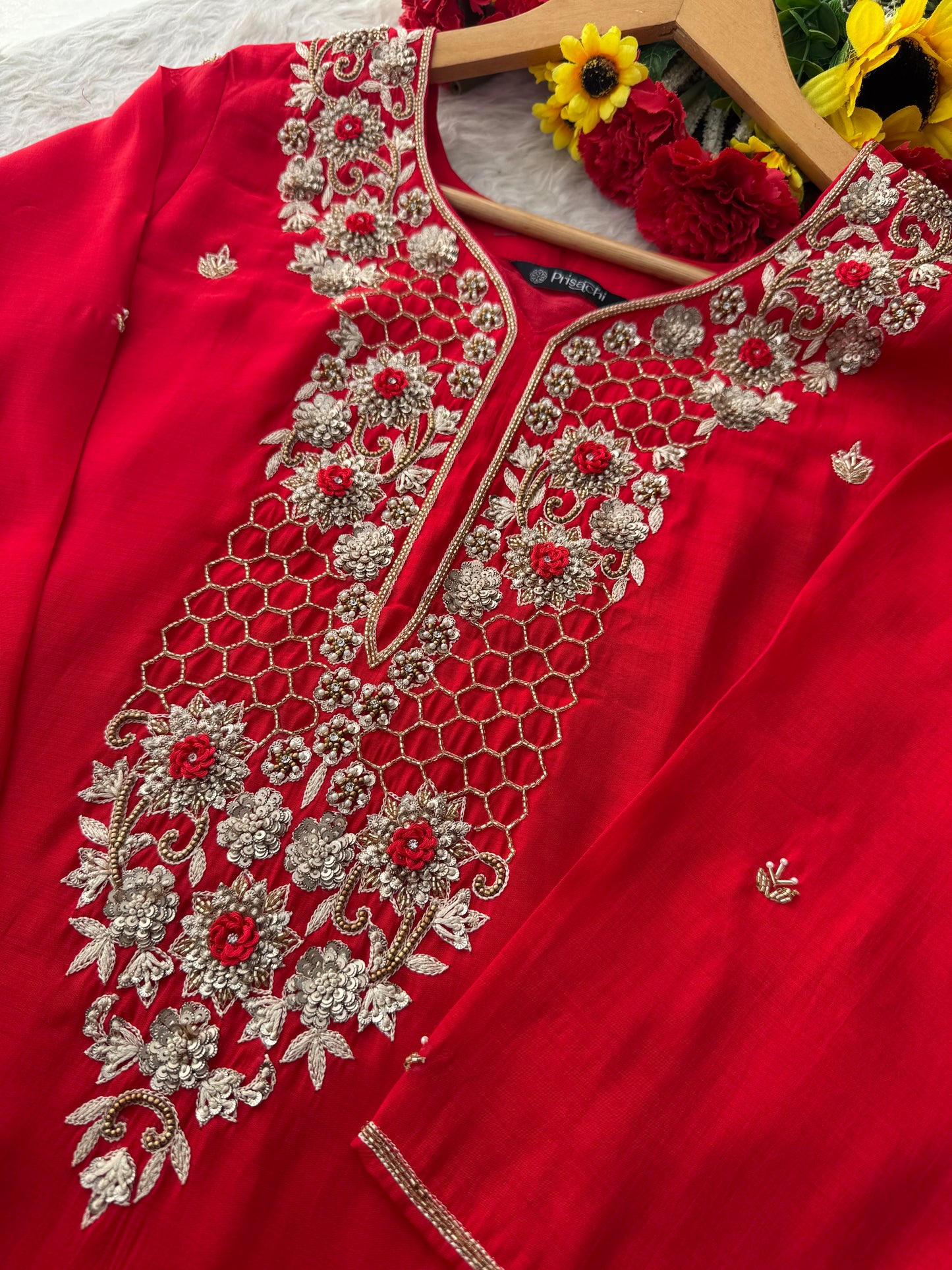 Red Zardozi Embroidered Kurta Set for Women with Pants & Dupatta | Traditional Ethnic Wear (Copy)