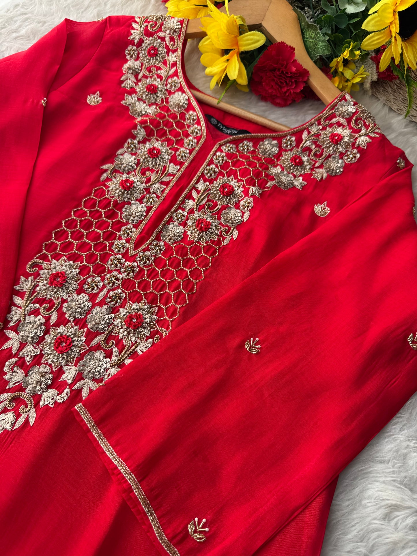 Designer Zardozi Embroidered Kurta Set for Women with Pants & Dupatta | Traditional Ethnic Wear